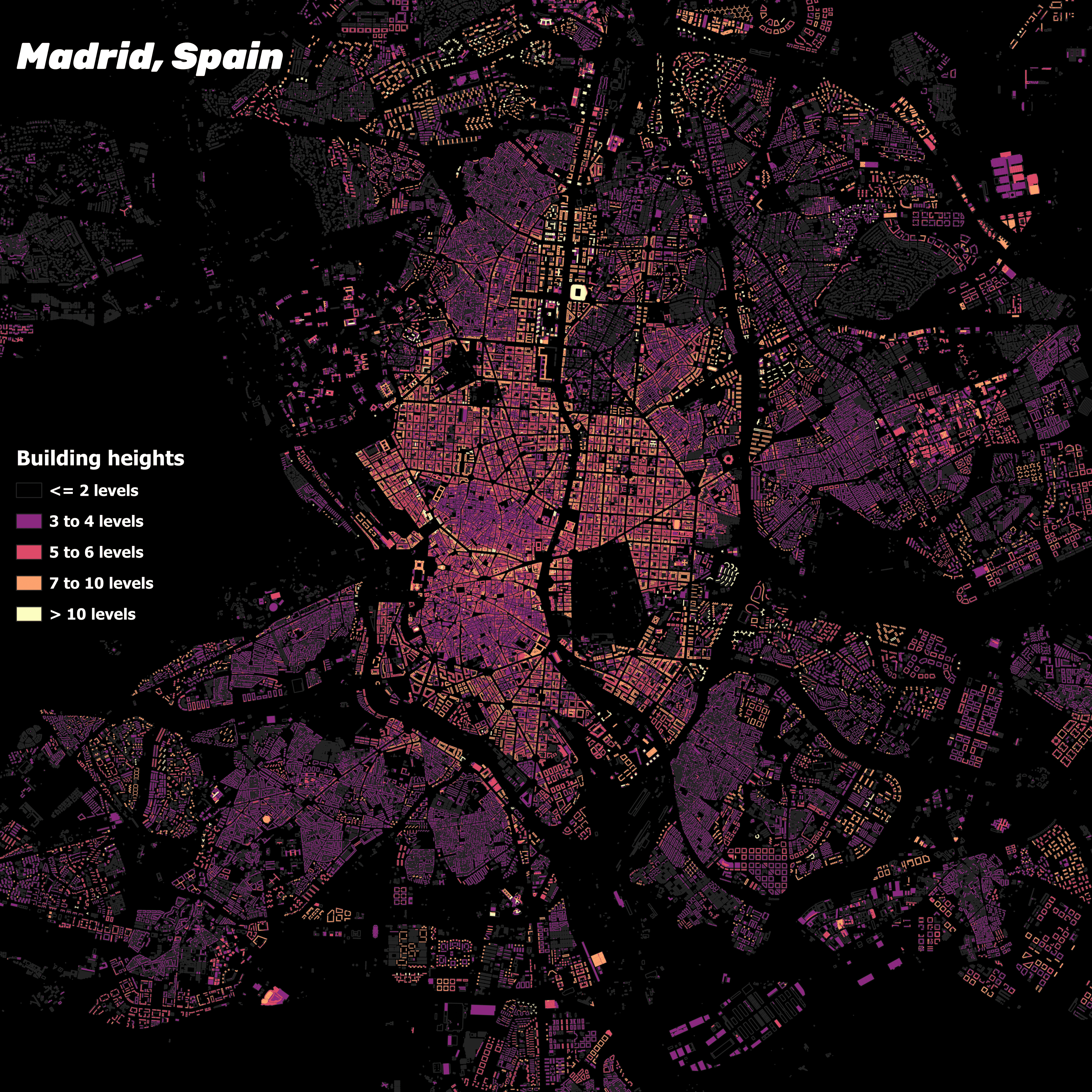 Building Heights in Madrid, Spain Map