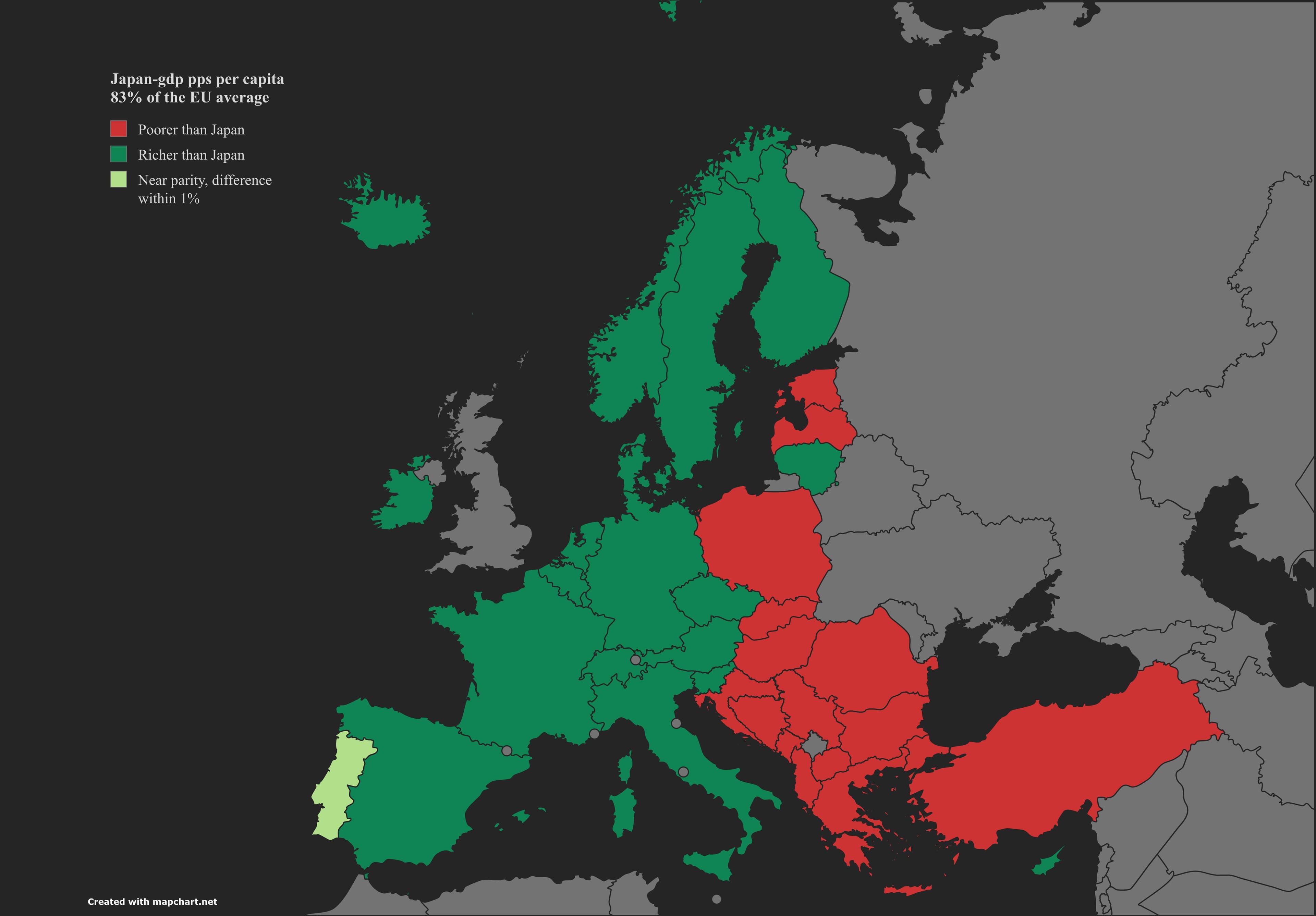GDP PPS Per Capita Comparison Map: Japan and Europe