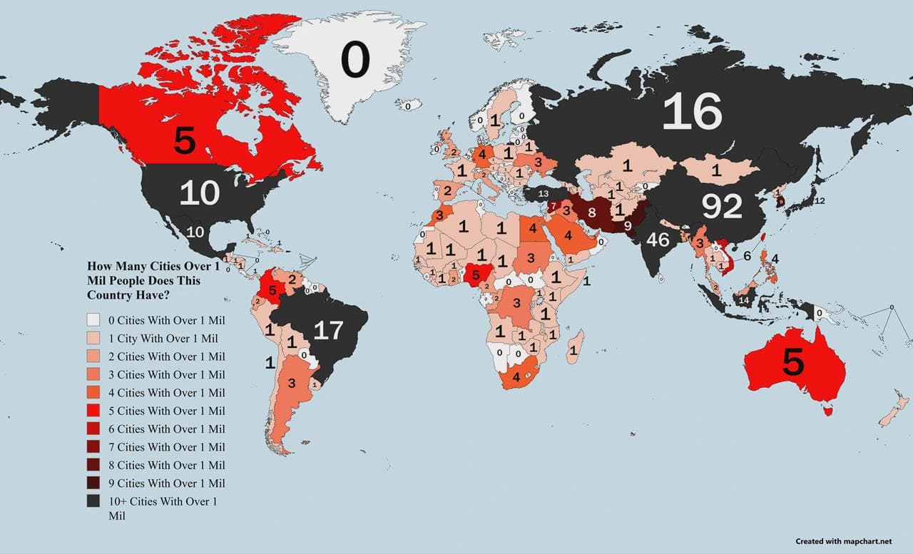 Countries Ranked by Cities with 1M+ Population Map