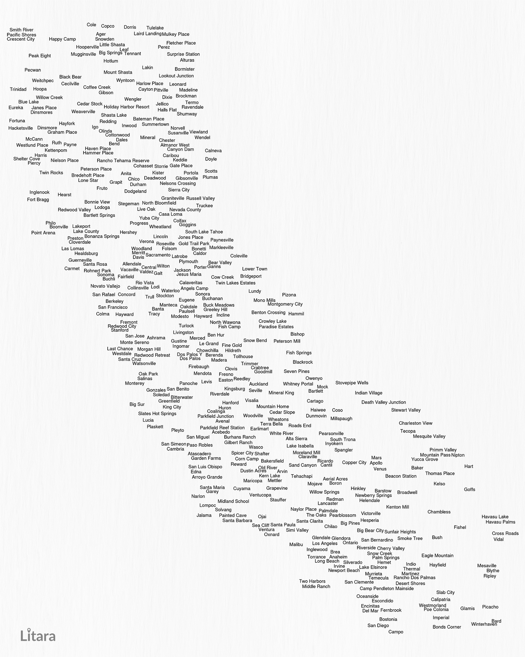California Localities Typographic Map