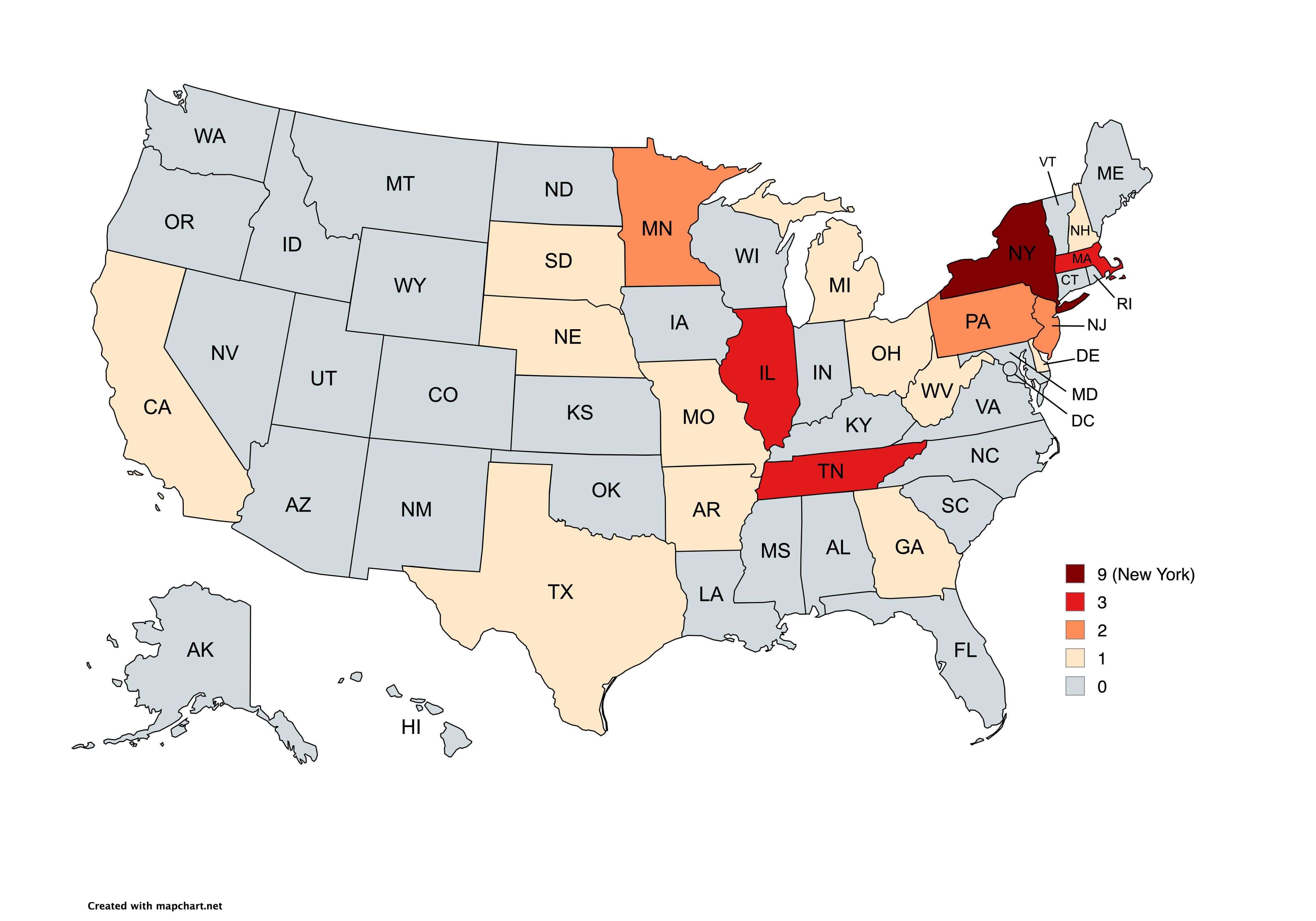 Map of Democratic Party Presidential Nominees by State