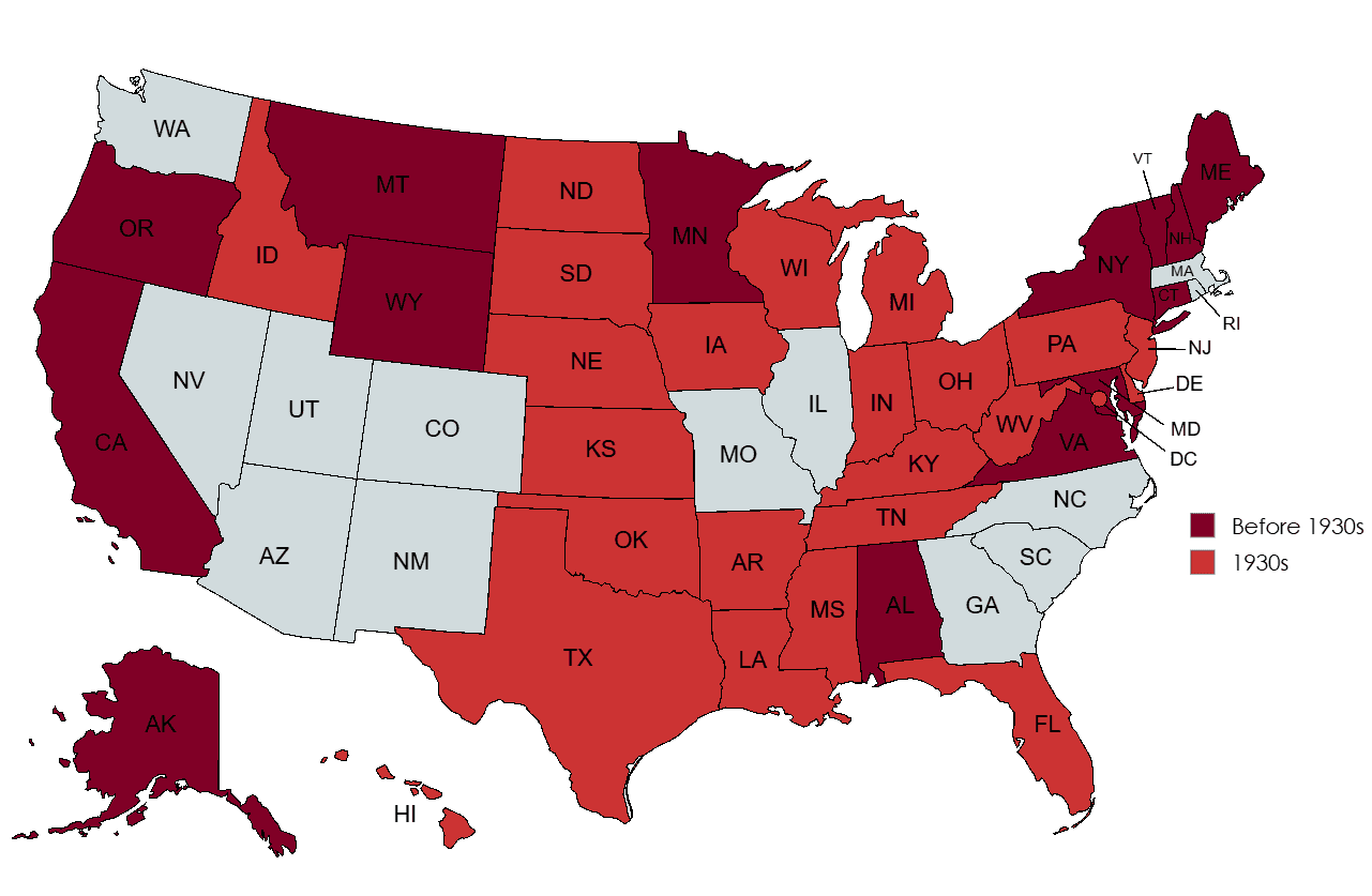 Map of US States with Record High Temperatures Before 1930s