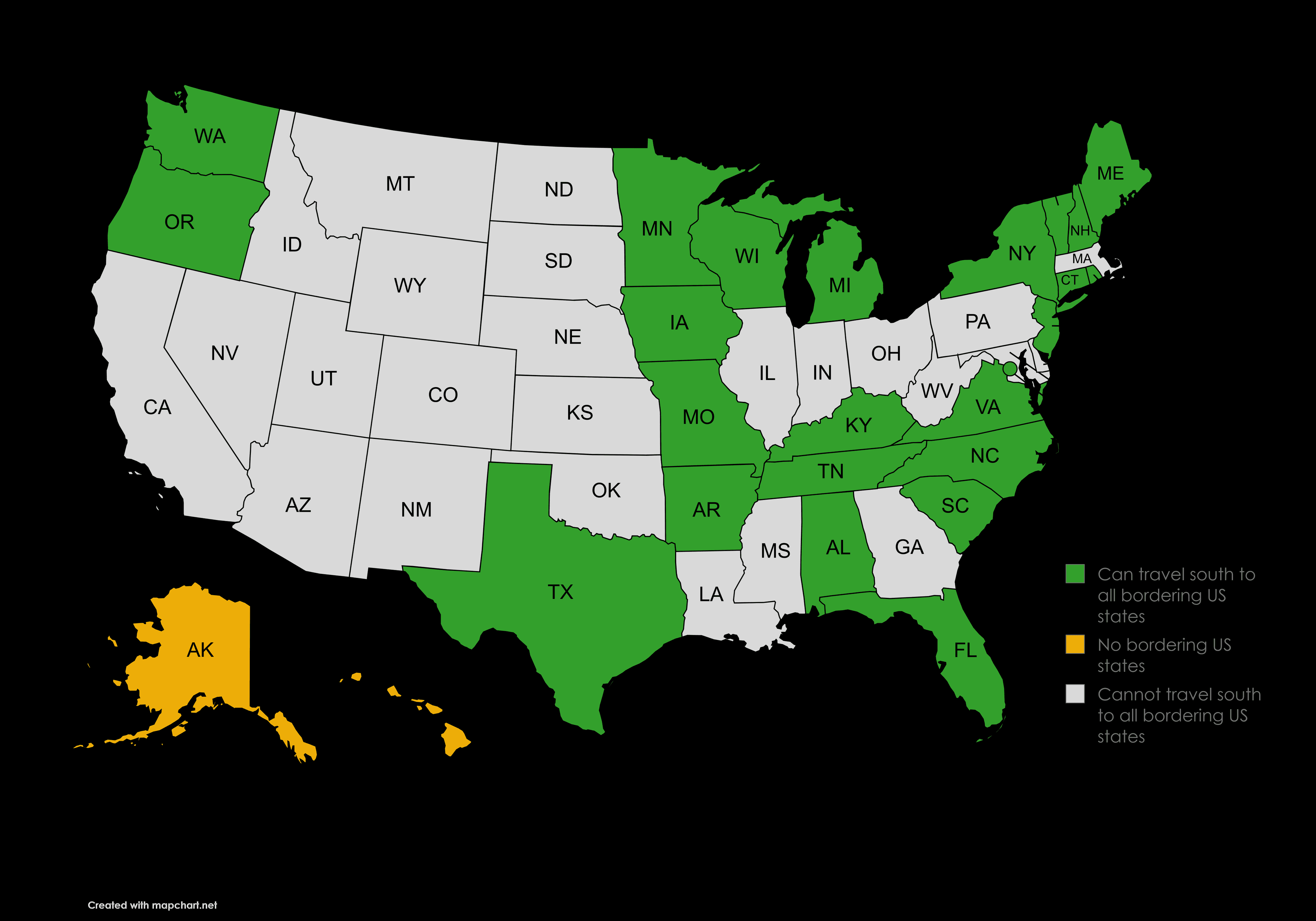 Map of US States Traveling South to Bordering States