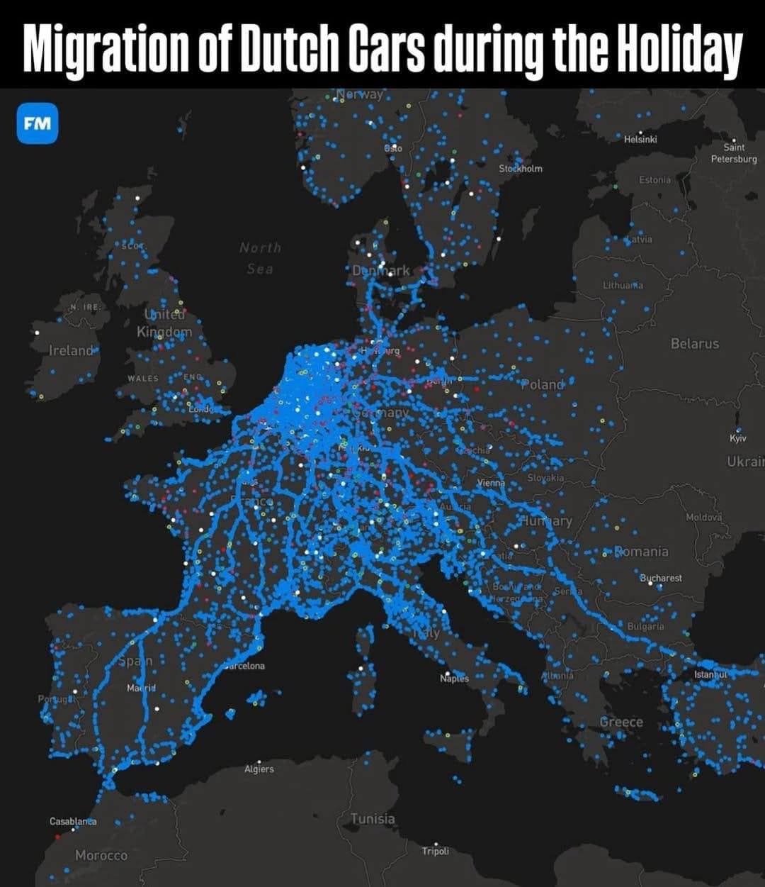 Migration of Dutch Cars During Summer Holiday Map