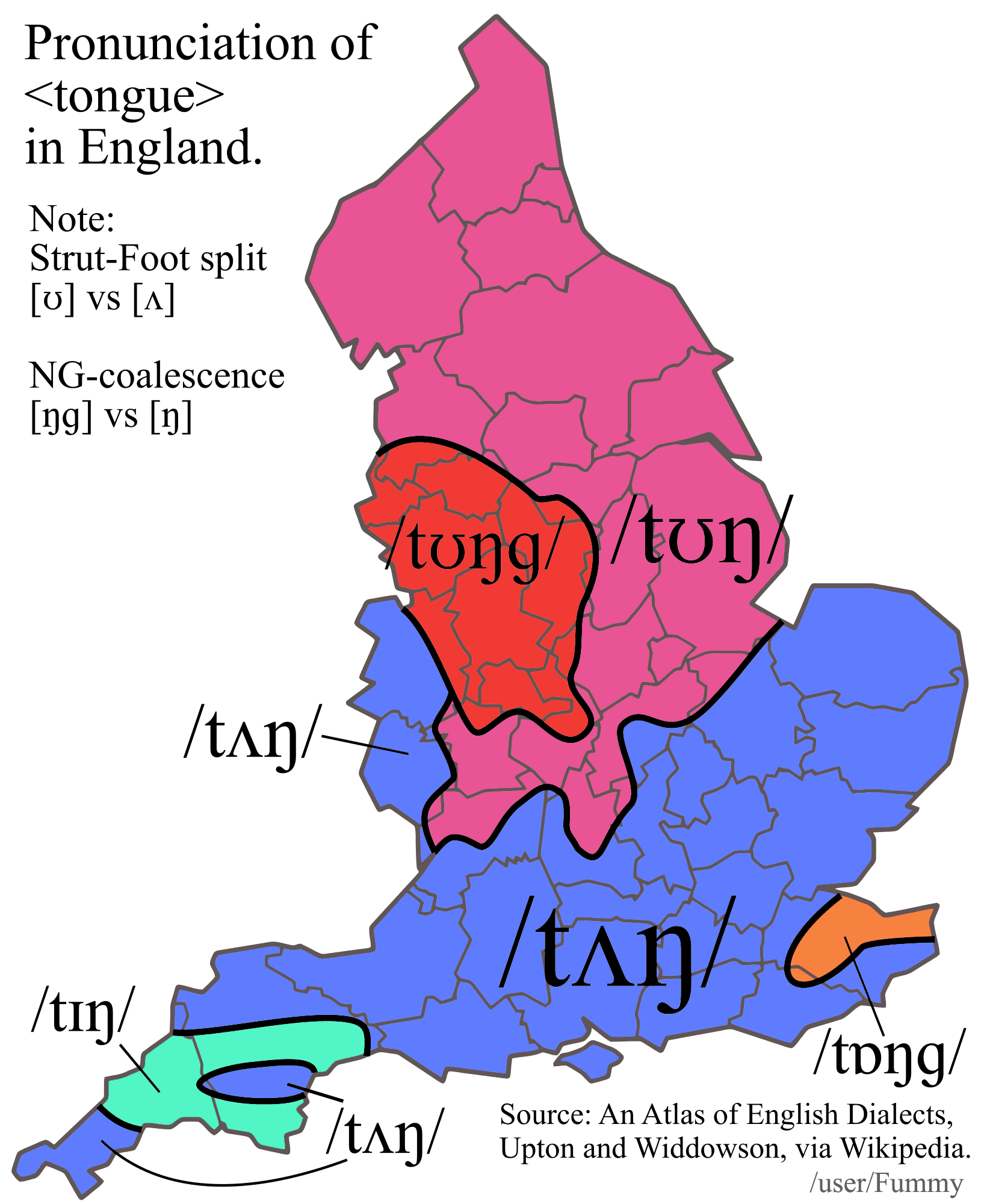 Map of Pronunciation Differences of 'Tongue' in England