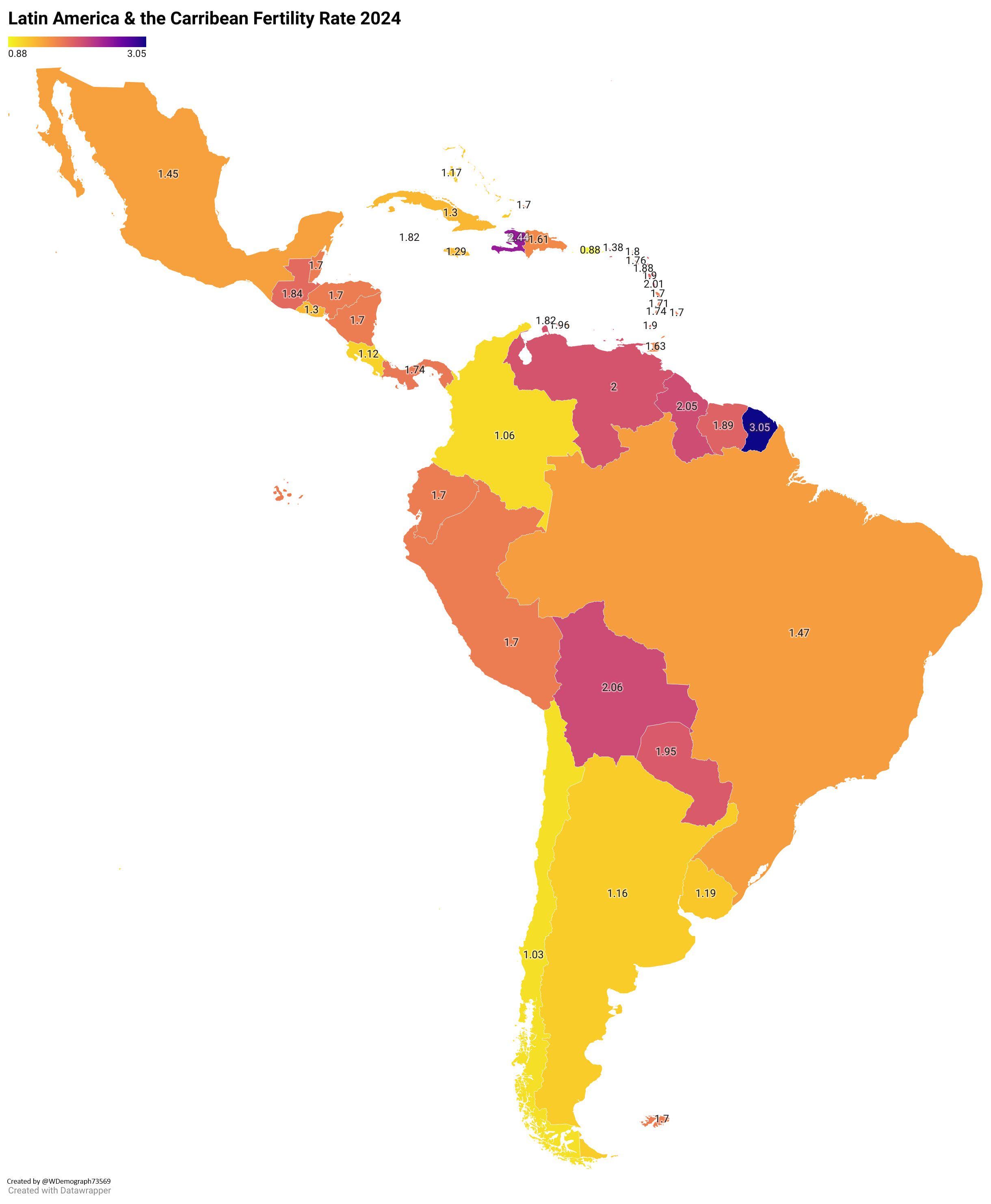Fertility Rate Map of Latin America & The Caribbean 2024