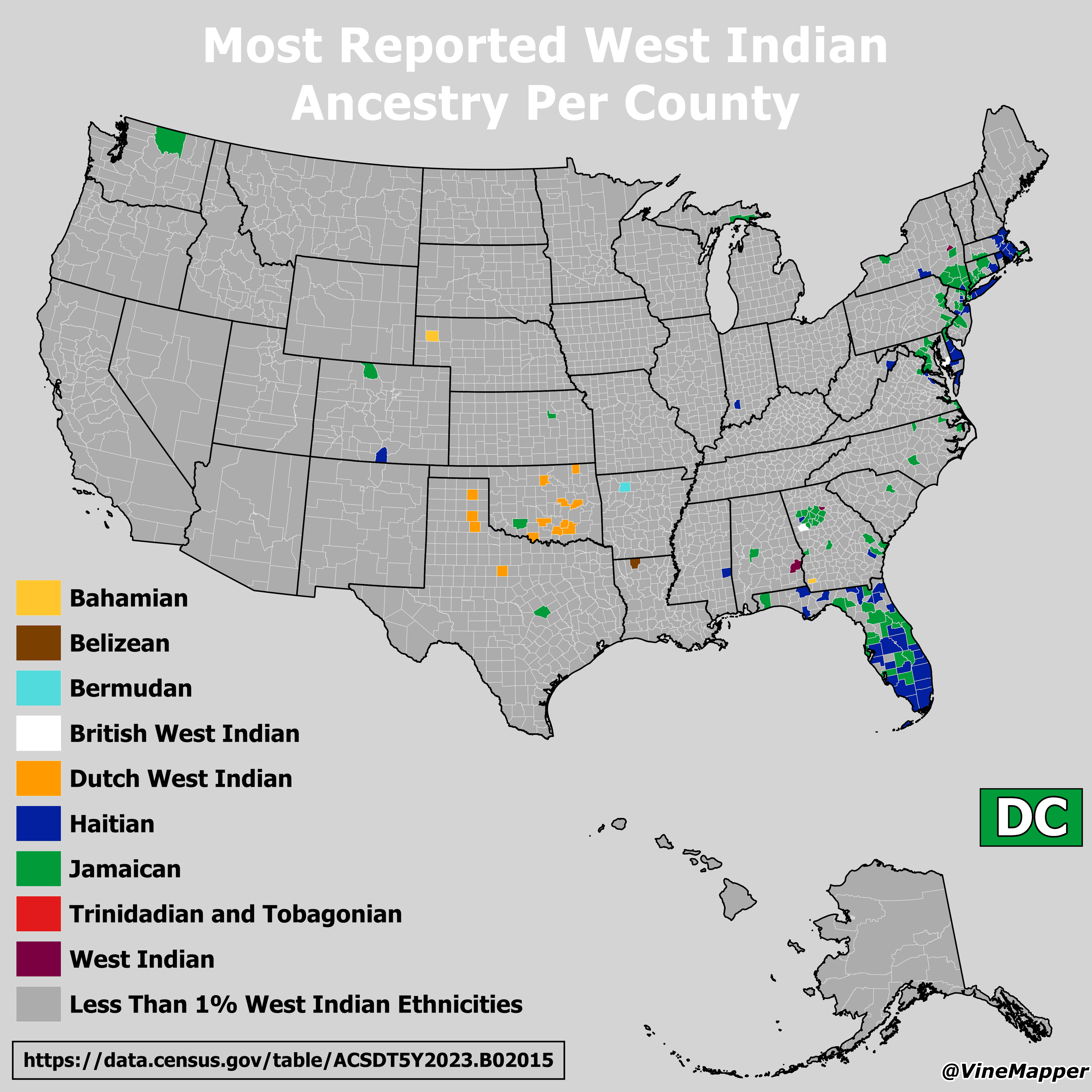 West Indian Ancestry Reported by County Map