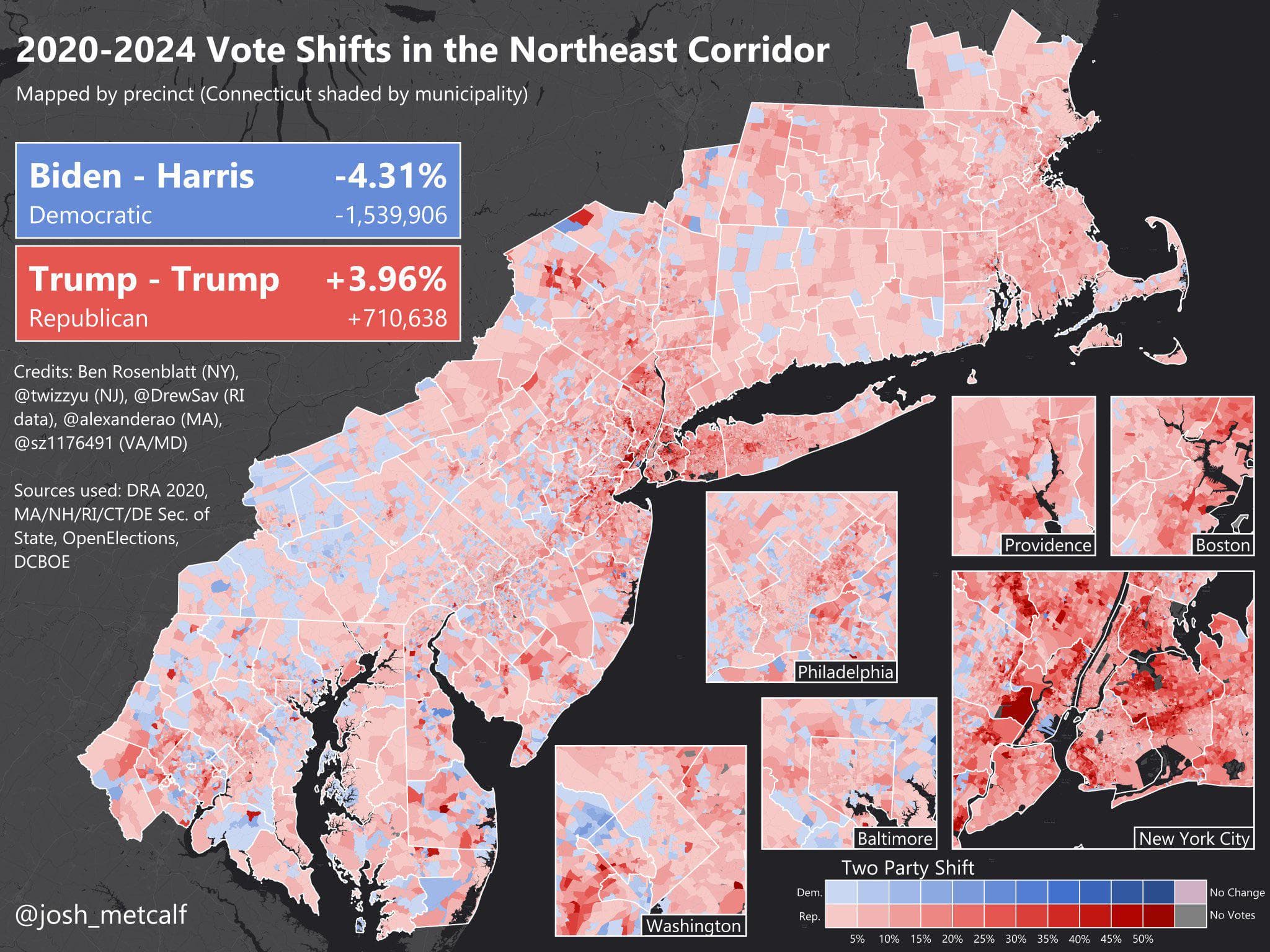 Vote Shifts Map in the Northeast Corridor 2020 to 2024
