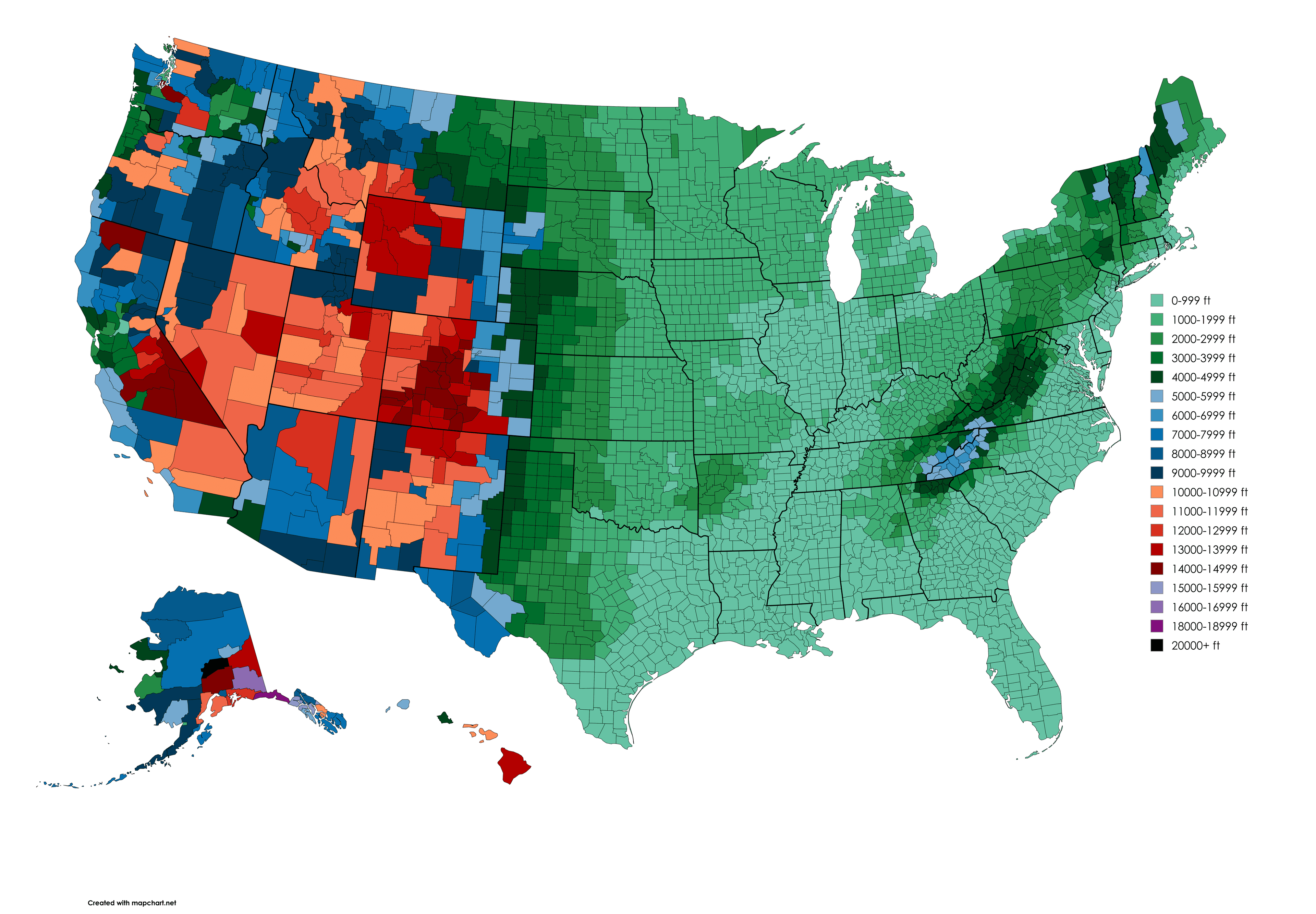 Highest Natural Elevation by US County Map