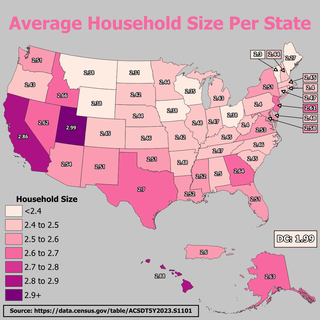 Average Household Size Per State Map