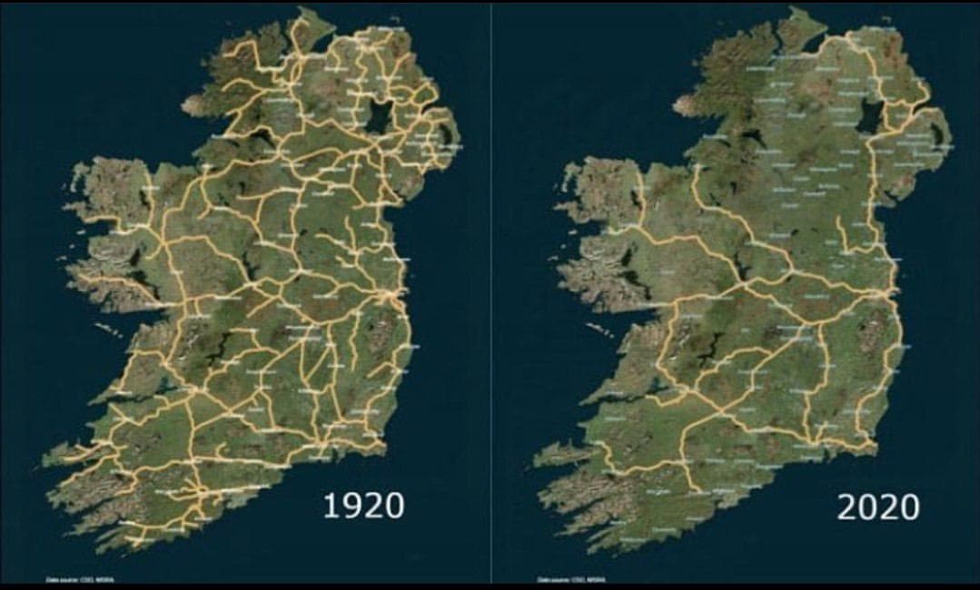 Irish Railway System Map 1920 to 2020