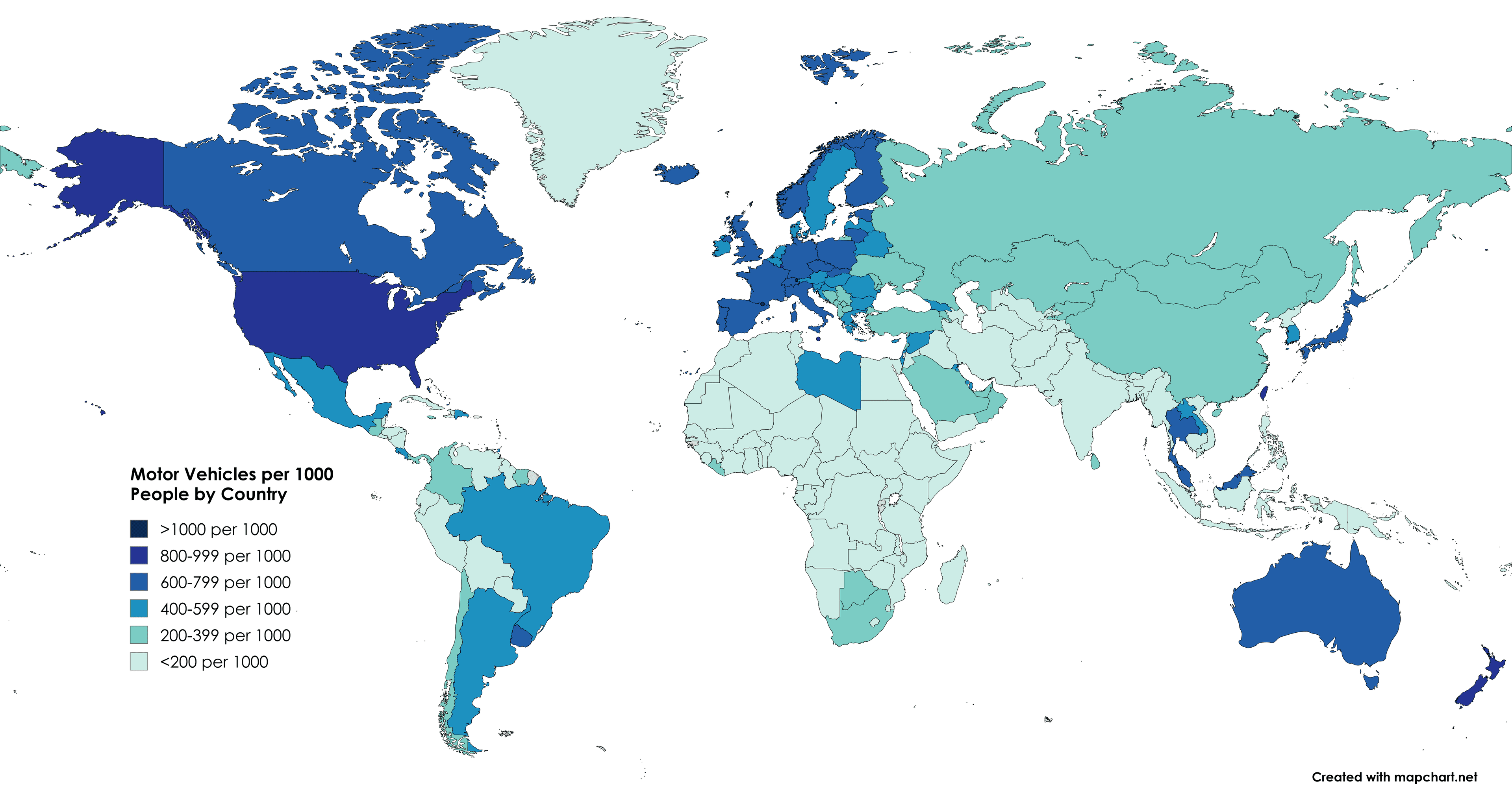 Motor Vehicles Per 1000 People by Country Map