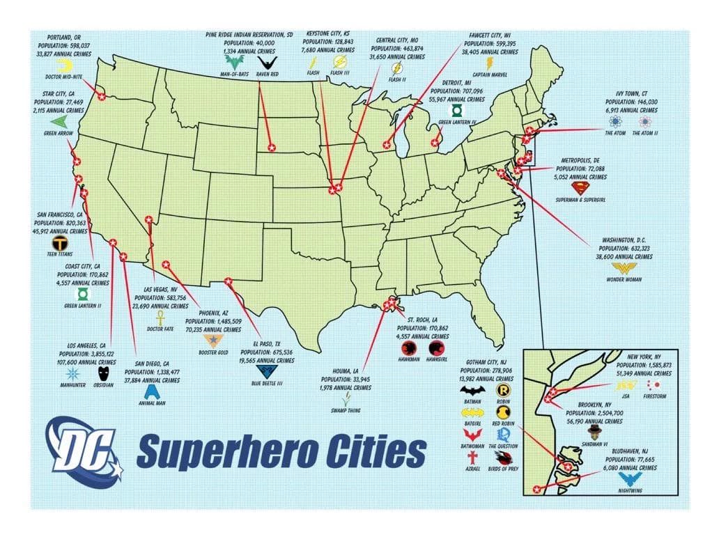 Map of DC Comics Cities and Heroes