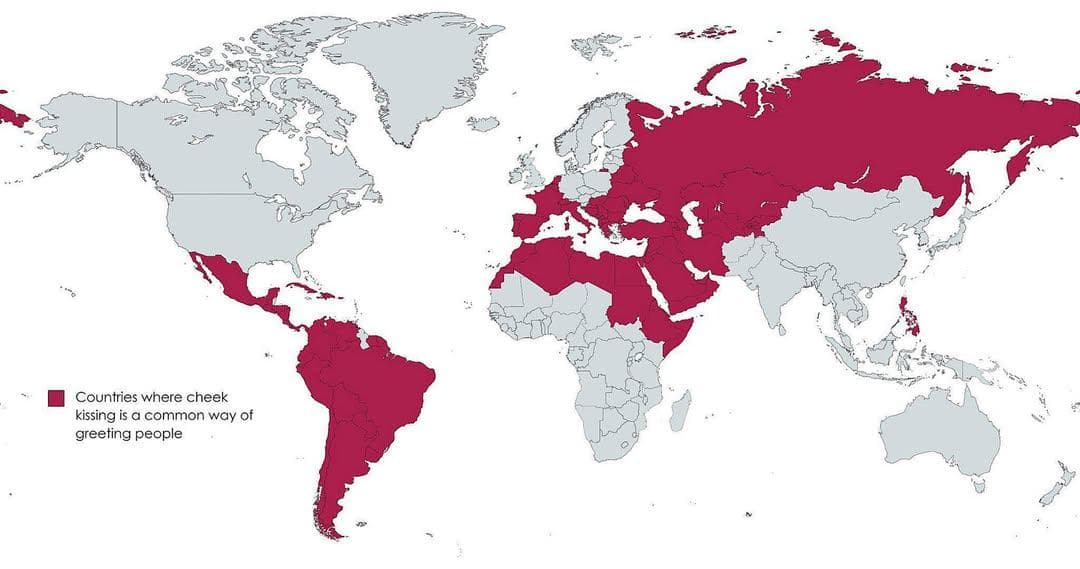 Map of Countries with Cheek Kissing Greetings
