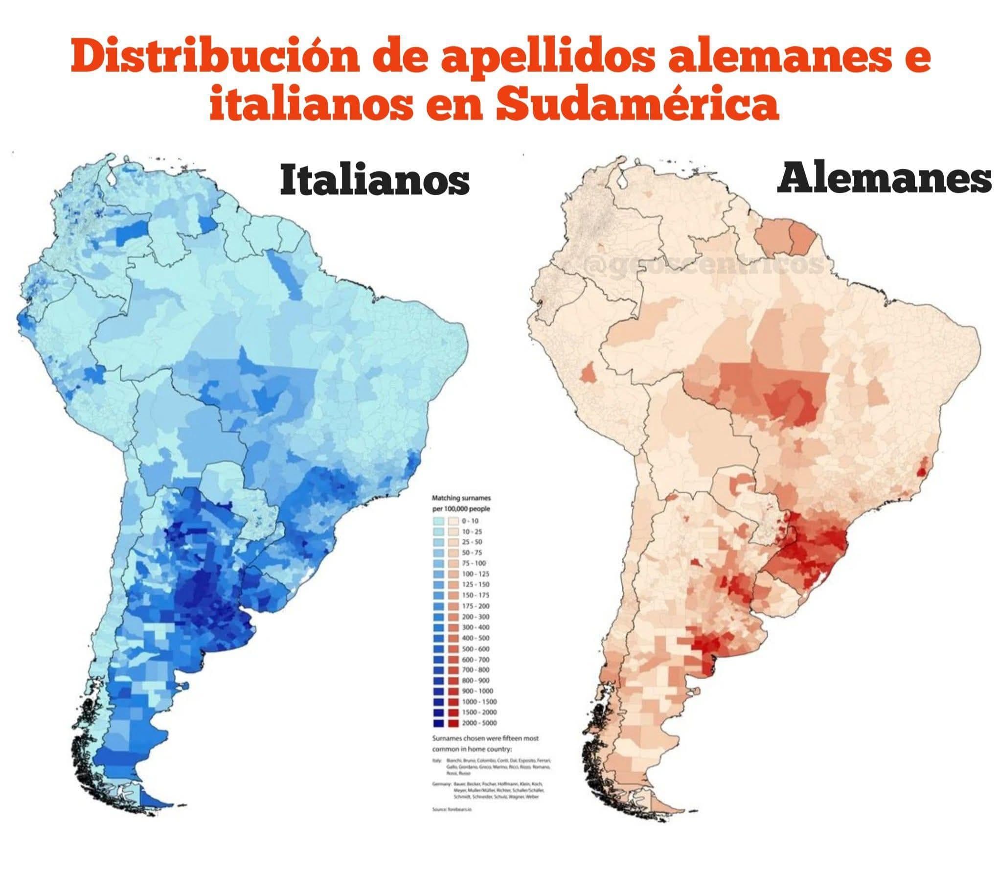 Map of German and Italian Surname Distribution in South America