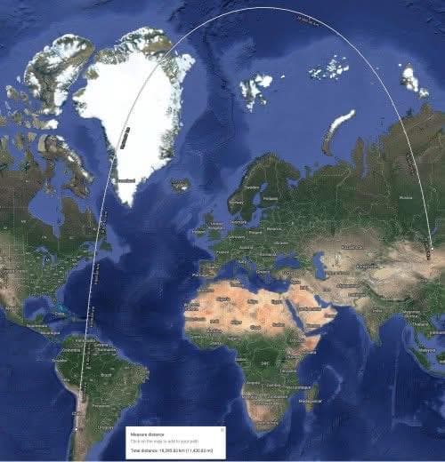 Shortest Route Map from Santiago, Chile to Ulaanbaatar, Mongolia