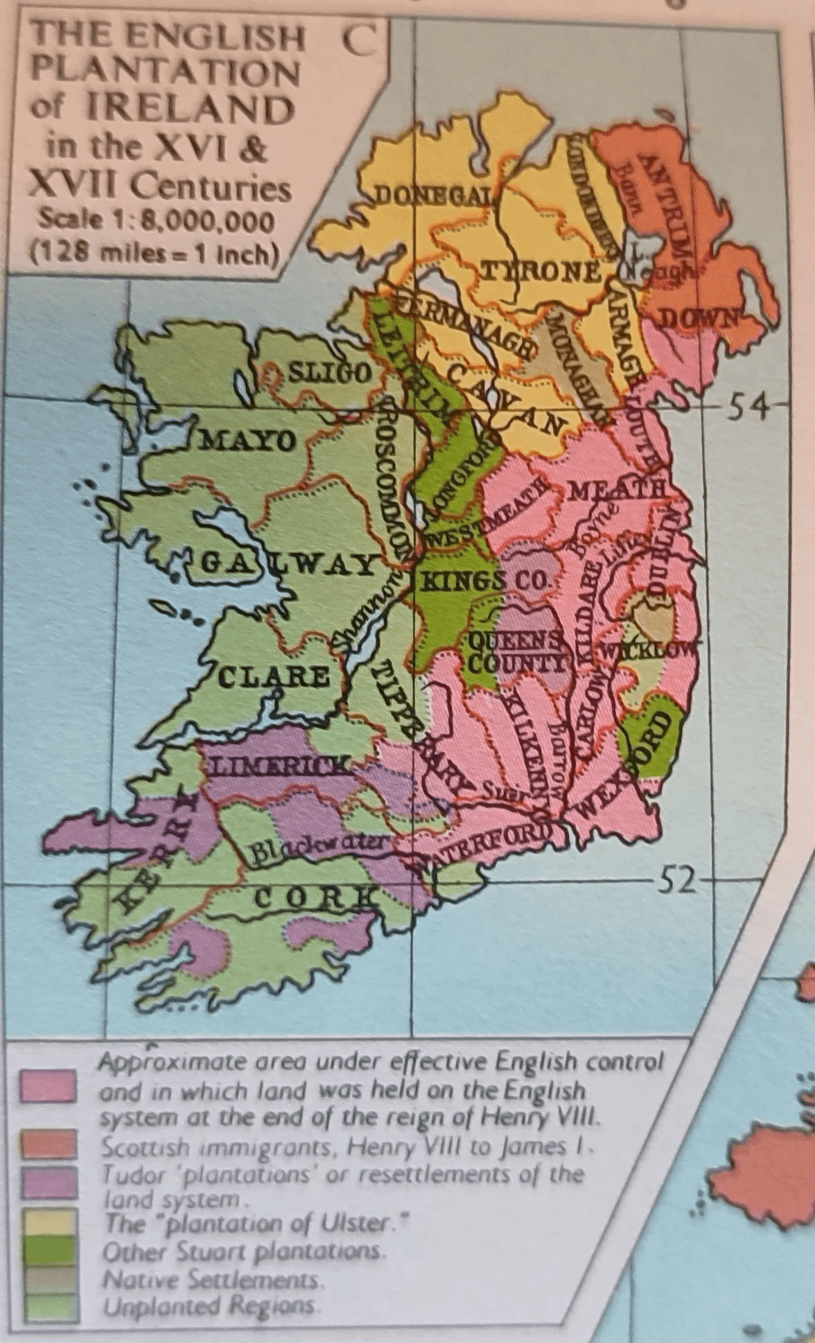 Map of English Plantations in Ireland 16th 17th Century