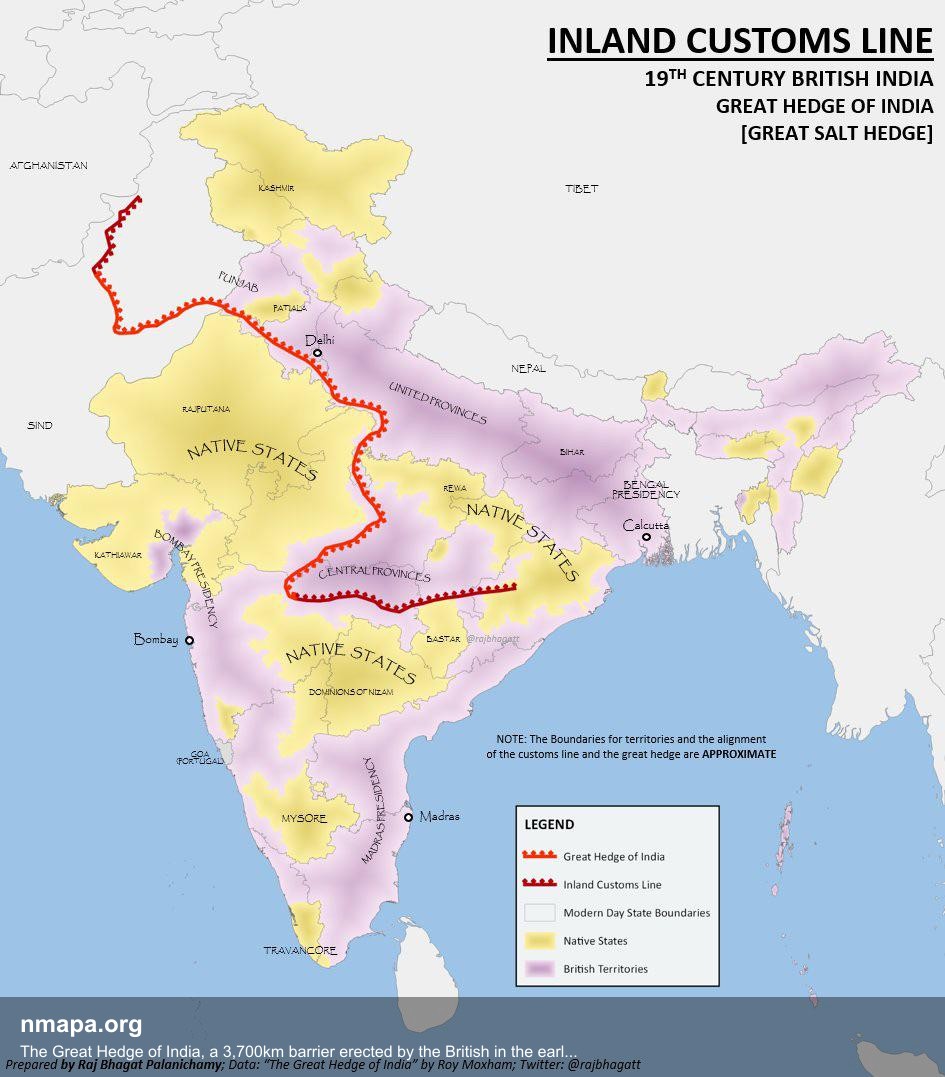 The Great Hedge of India, a 3,700km barrier erected by the British in the early 19th century to prevent people from illegally evading the salt tax by getting salt from the sea. Map The Great Hedge of India, a 3,700km barrier erected by the British in the early 19th century to prevent people from illegally evading the salt tax by getting salt from the sea. Map