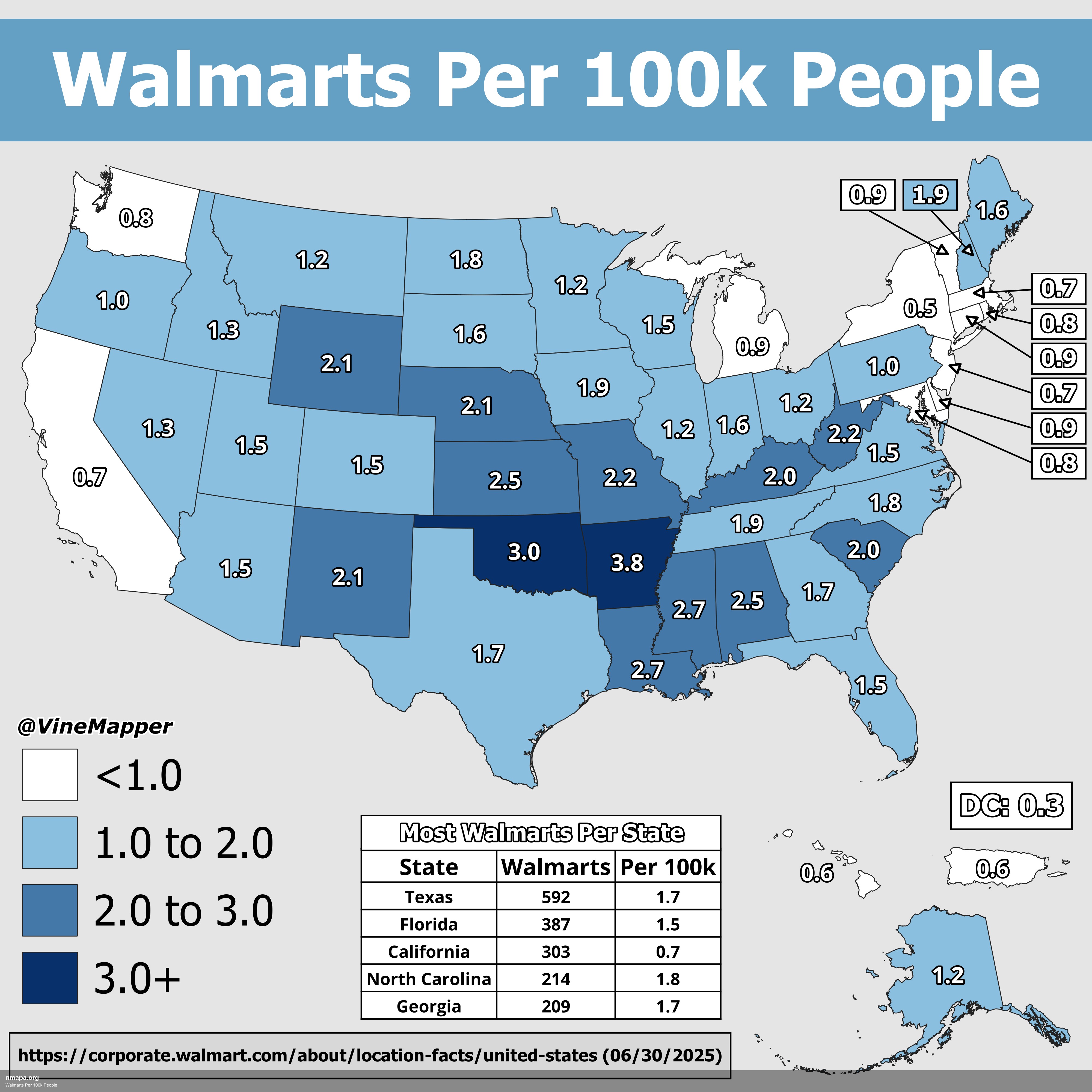 Walmarts Per 100k People Map Walmarts Per 100k People Map