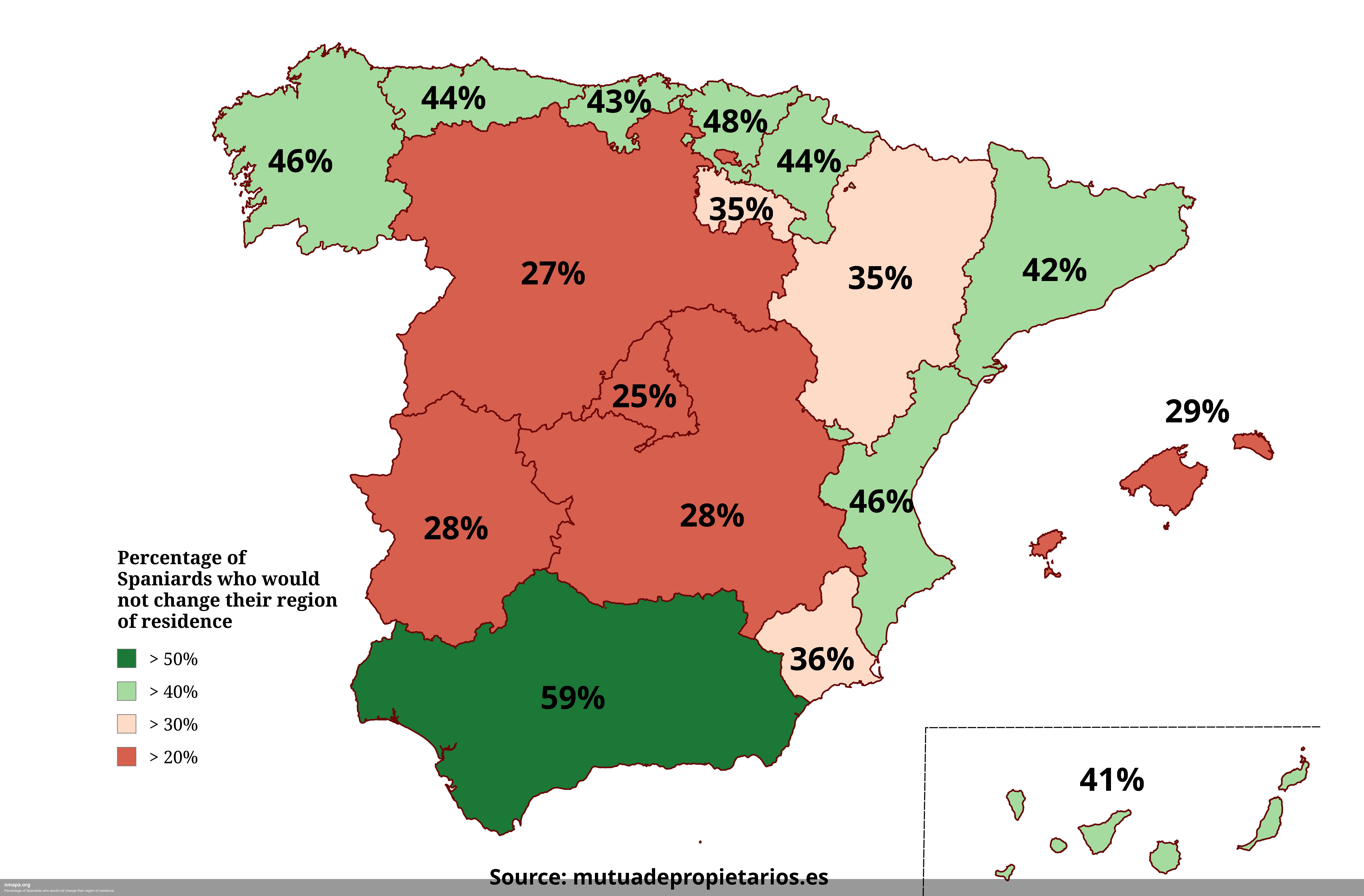 Percentage of Spaniards who would not change their region of residence. Map Percentage of Spaniards who would not change their region of residence. Map
