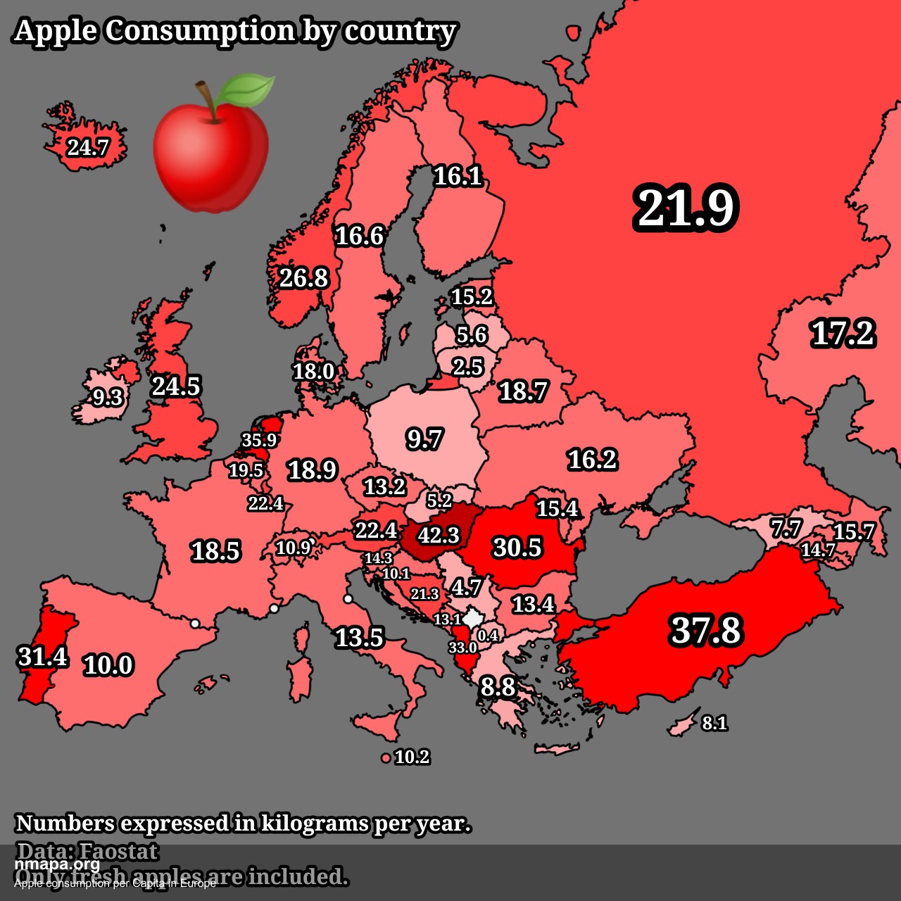 Apple consumption per Capita in Europe Map Apple consumption per Capita in Europe Map