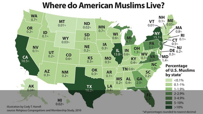 Map of American Muslim Population Distribution Map of American Muslim Population Distribution