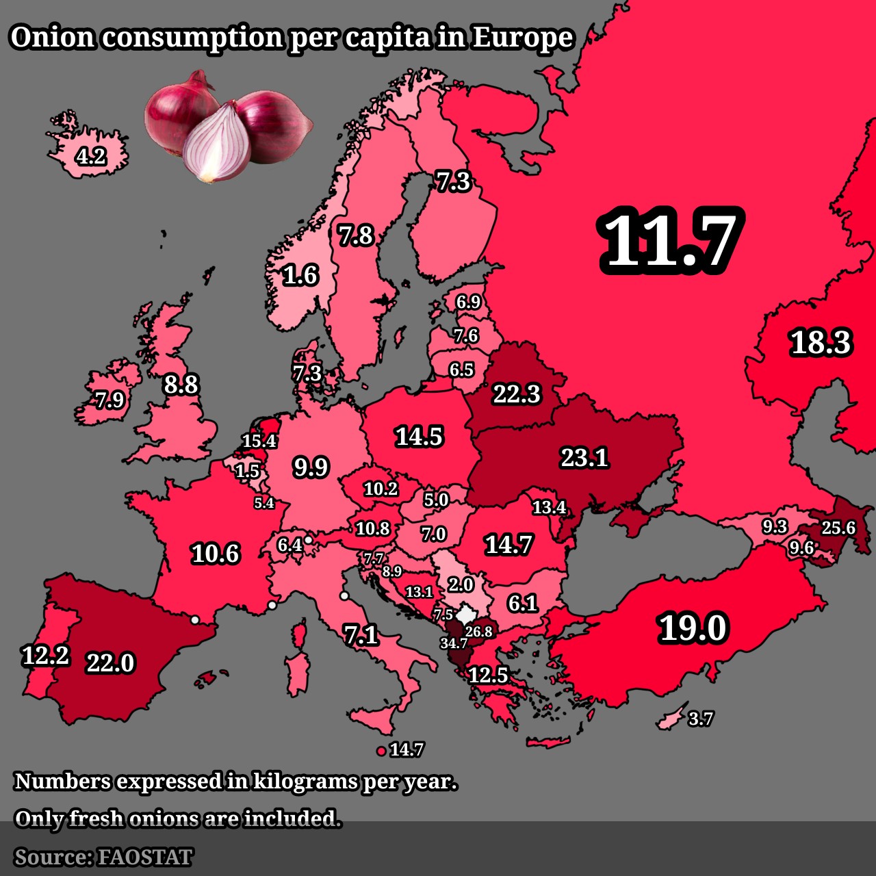 Onion Consumption Per Capita in Europe Map Onion Consumption Per Capita in Europe Map
