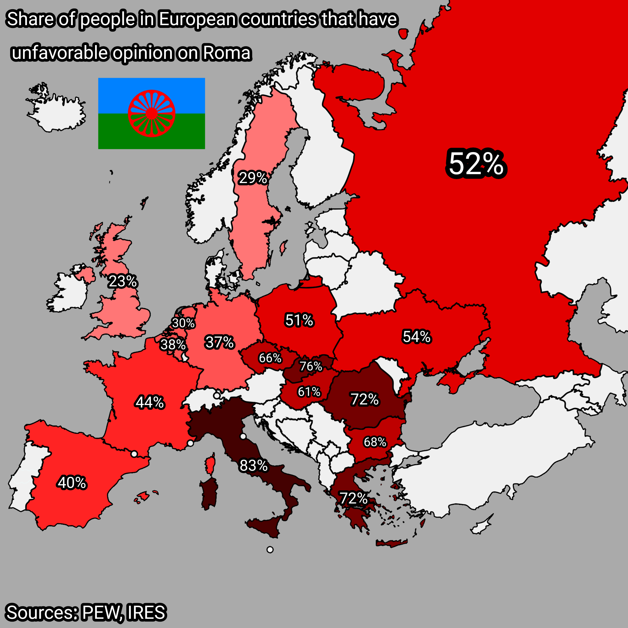 Map of Unfavorable Opinions on Roma People in Europe Map of Unfavorable Opinions on Roma People in Europe