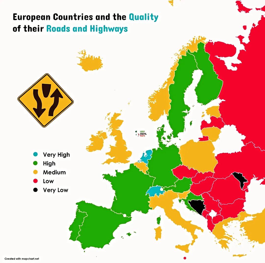 Road Quality by European Country Map Road Quality by European Country Map