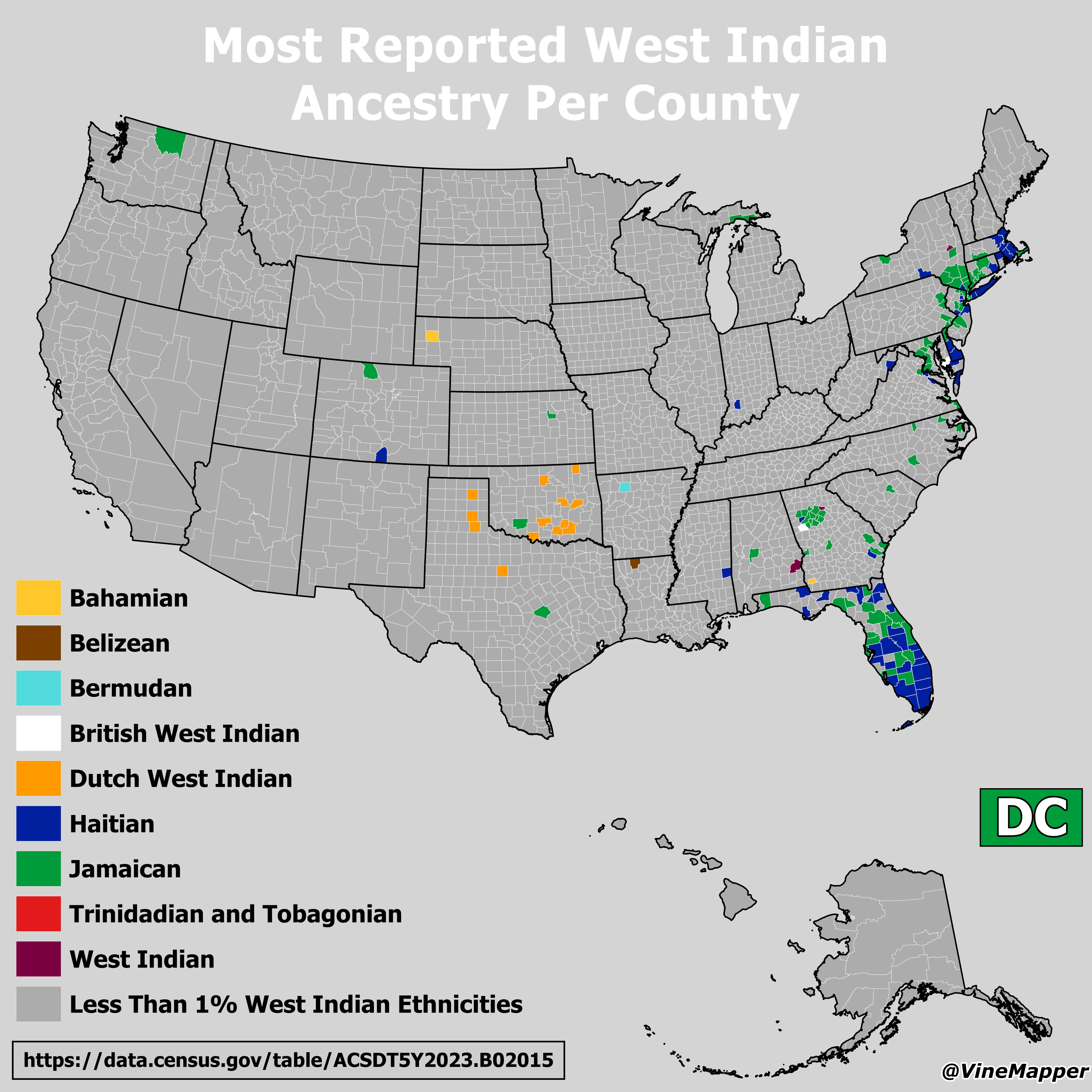 West Indian Ancestry Reported by County Map West Indian Ancestry Reported by County Map