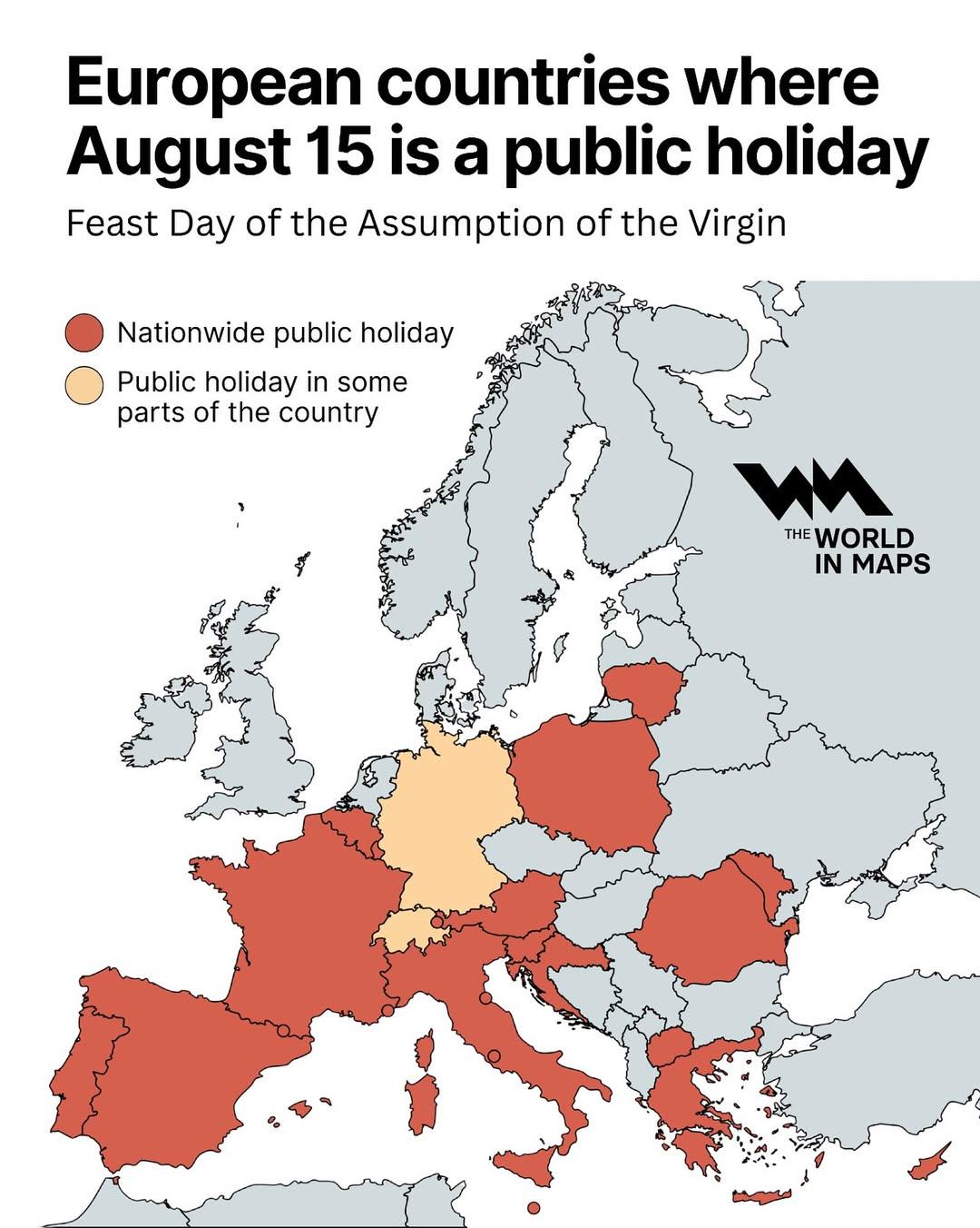 Public Holiday Map of Europe on August 15