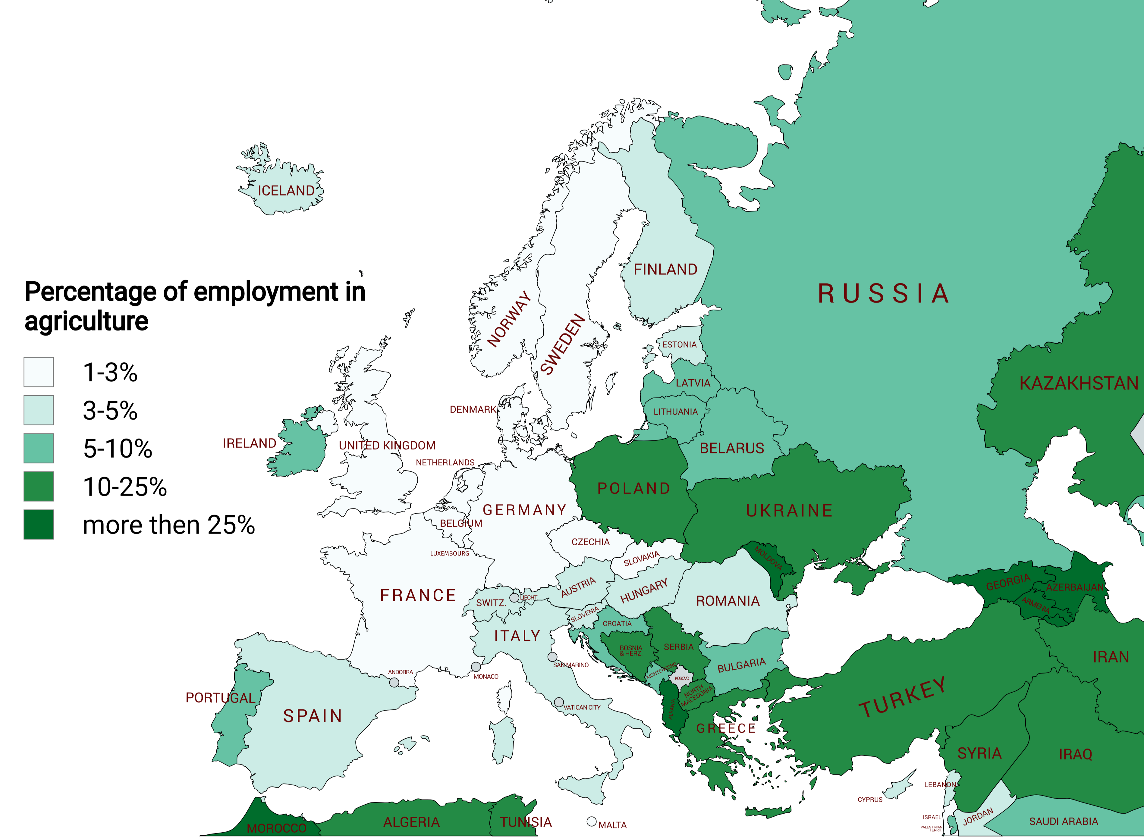 Agricultural Employment Percentage Map of Europe Agricultural Employment Percentage Map of Europe