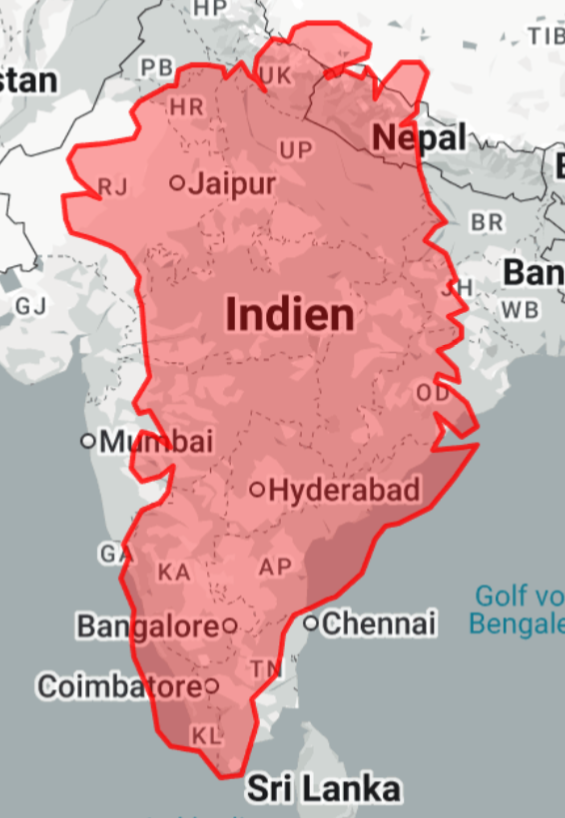 Greenland Overlay Map of India and Nepal