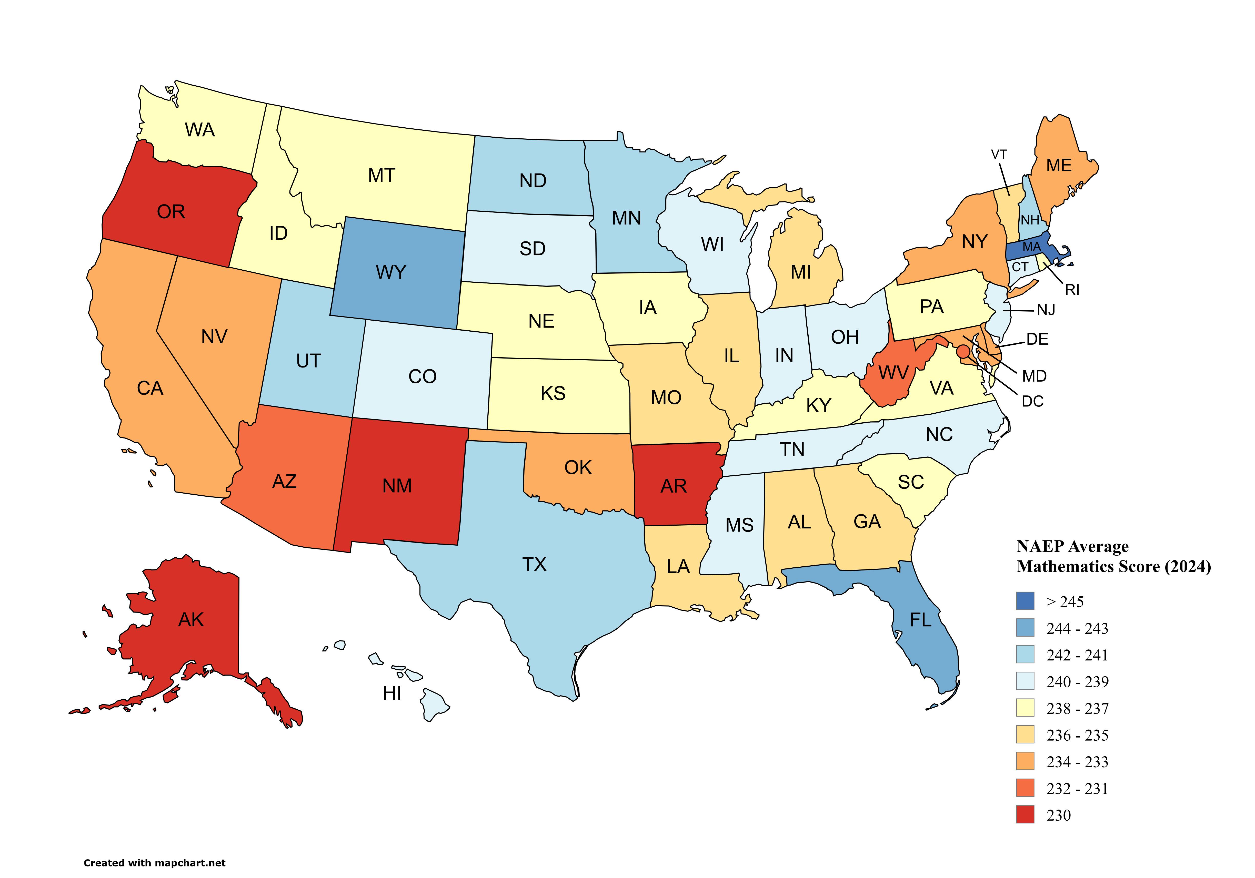 NAEP Average Mathematics Score by State Map