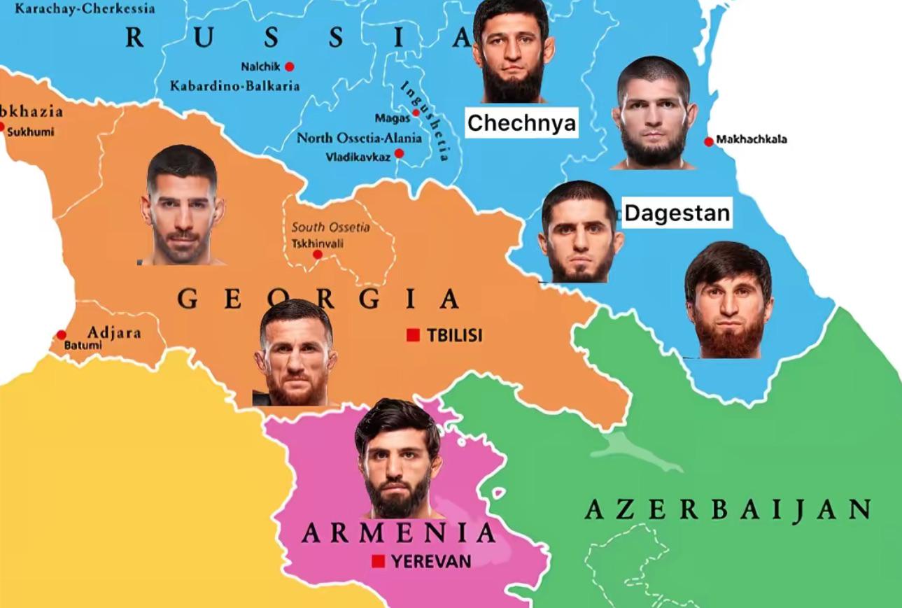 Map of the Caucus Mountains with Notable UFC Fighters