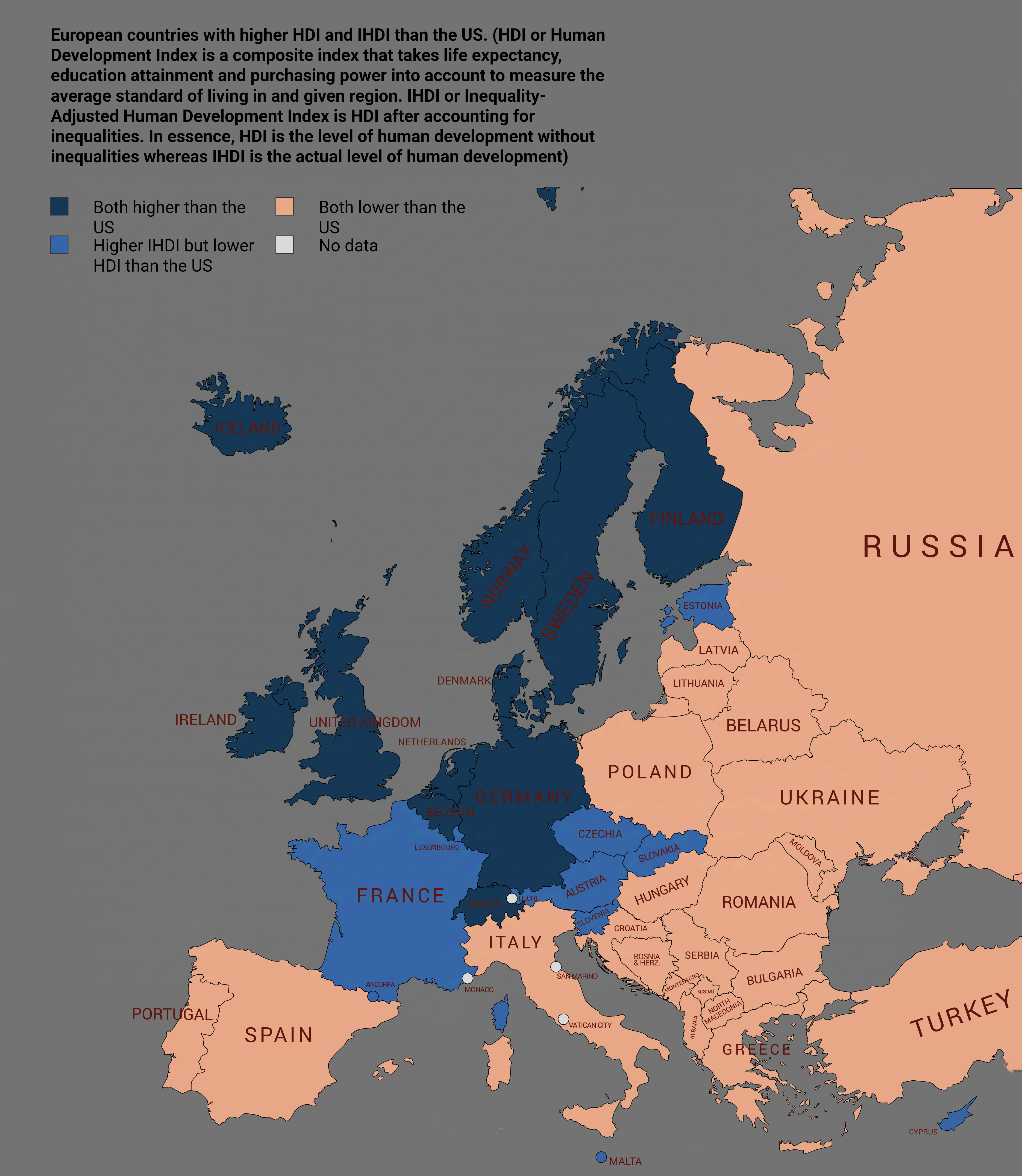 Map of European Countries with Higher HDI and IHDI than the US