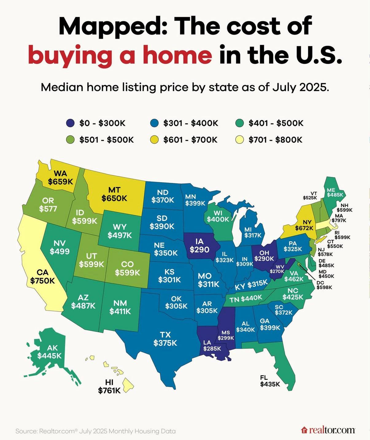 Median House Costs by US States Map