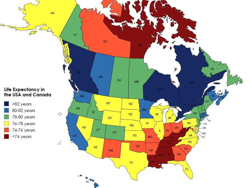 Life Expectancy in the USA and Canada Map Life Expectancy in the USA and Canada Map