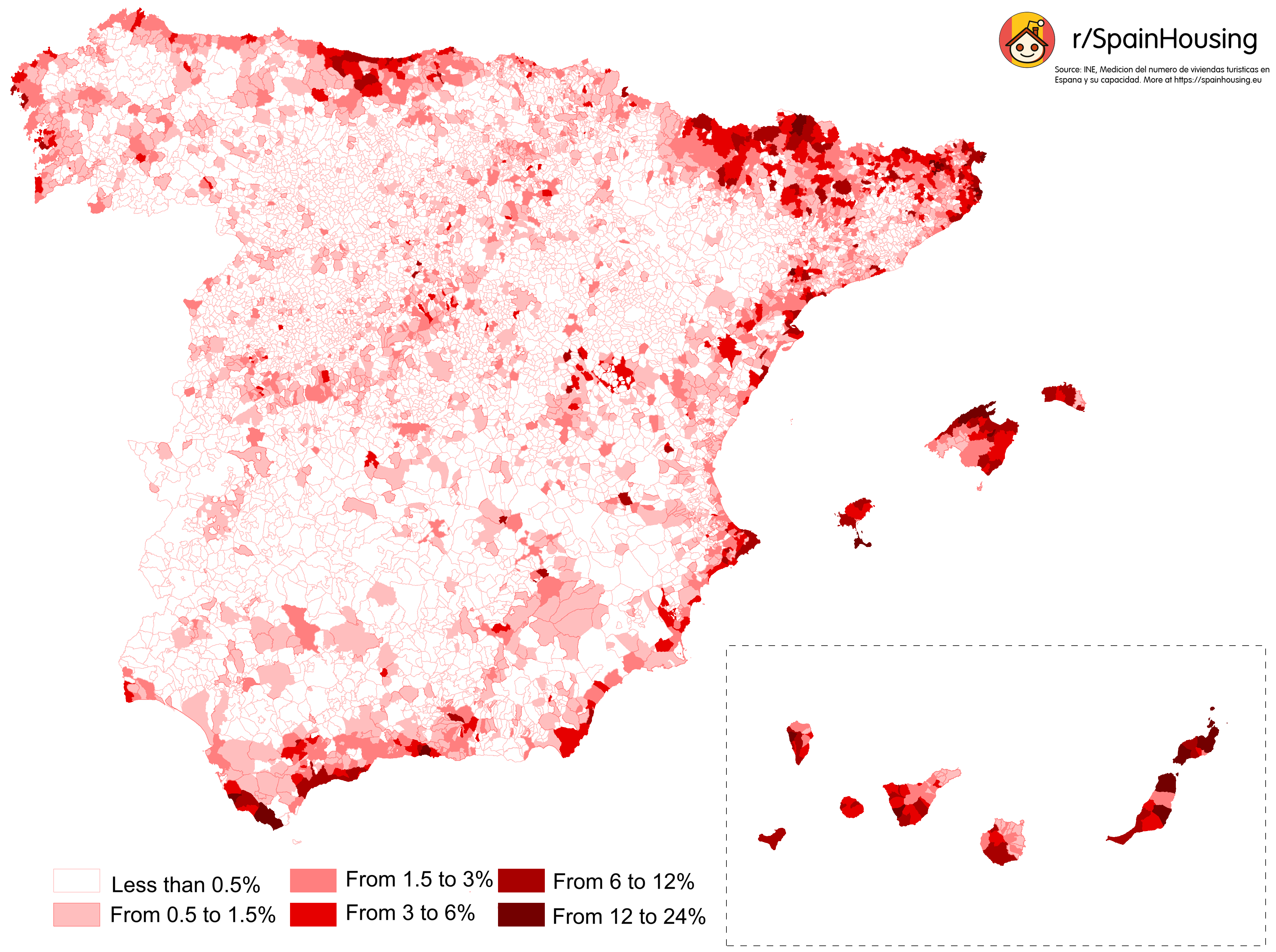 Map of Homes Used for Tourist Rentals in Spain Map of Homes Used for Tourist Rentals in Spain