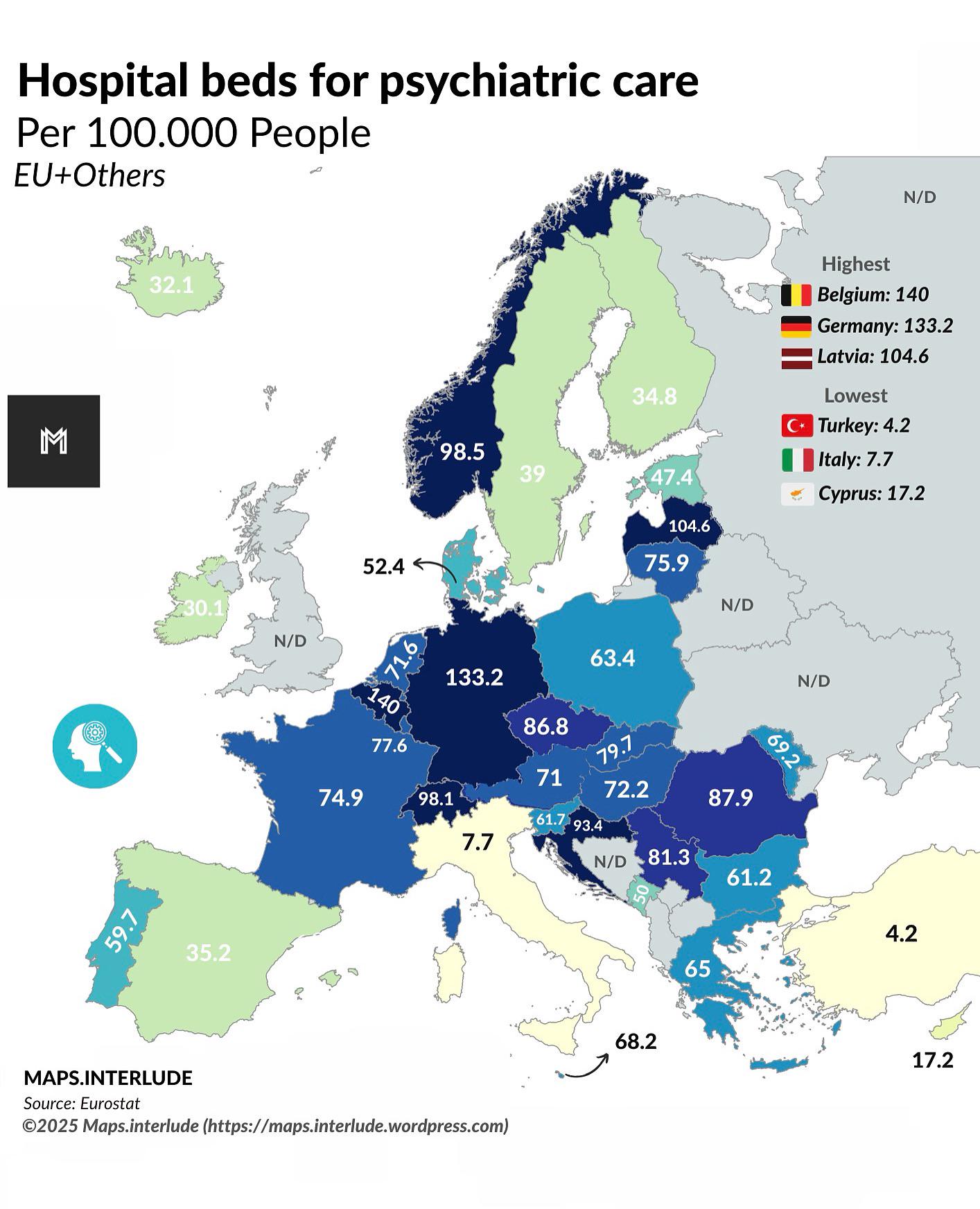 Hospital Bed for Psychiatric Care in Europe Map Hospital Bed for Psychiatric Care in Europe Map