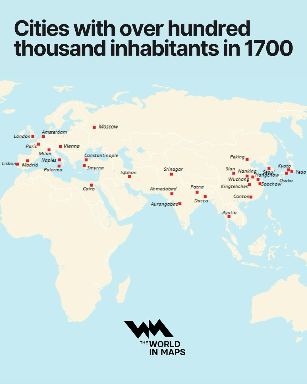 Cities with Over 100,000 Inhabitants in 1700 Map