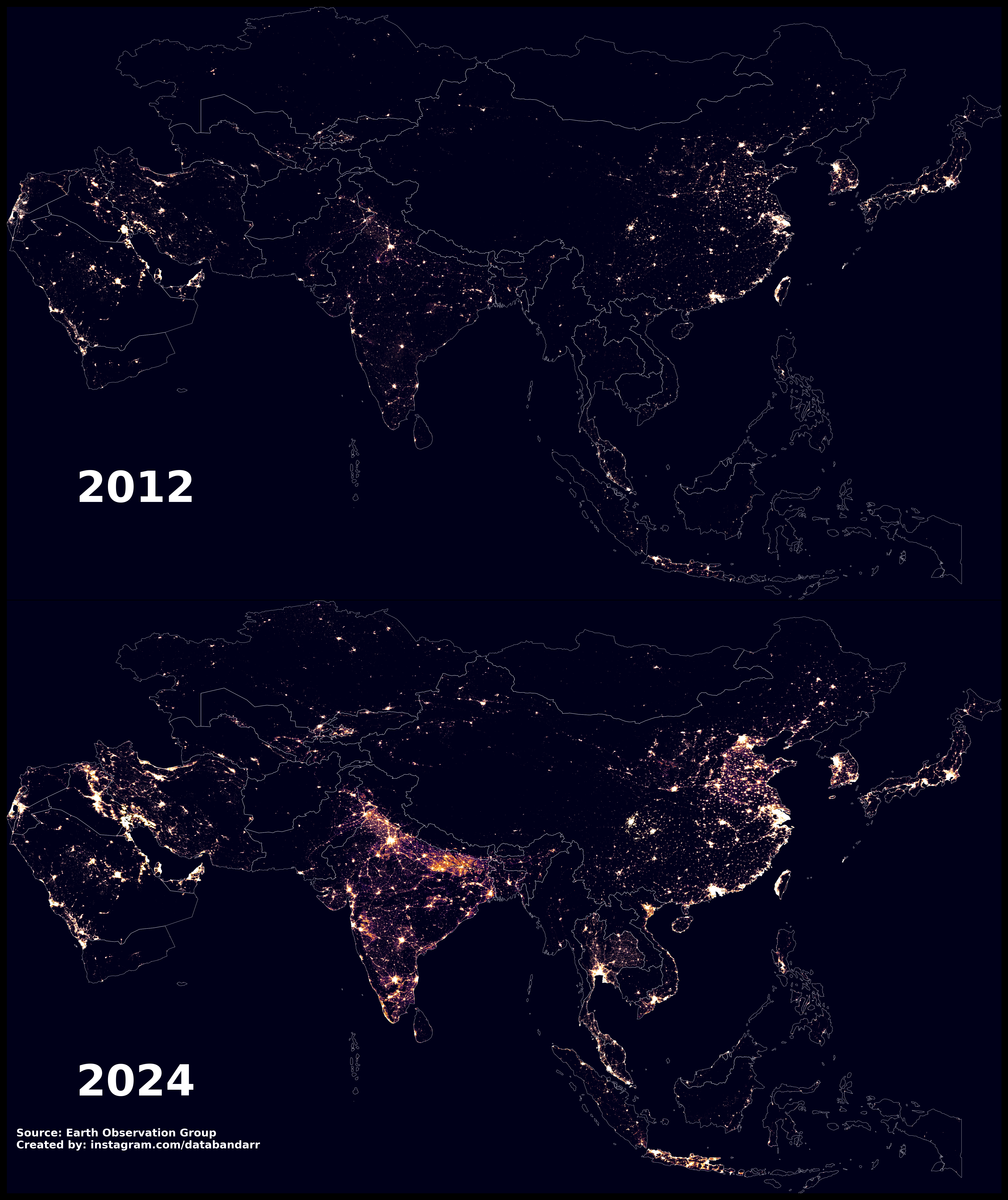 Night-time Light Map of Asia 2012 vs 2024 Night-time Light Map of Asia 2012 vs 2024