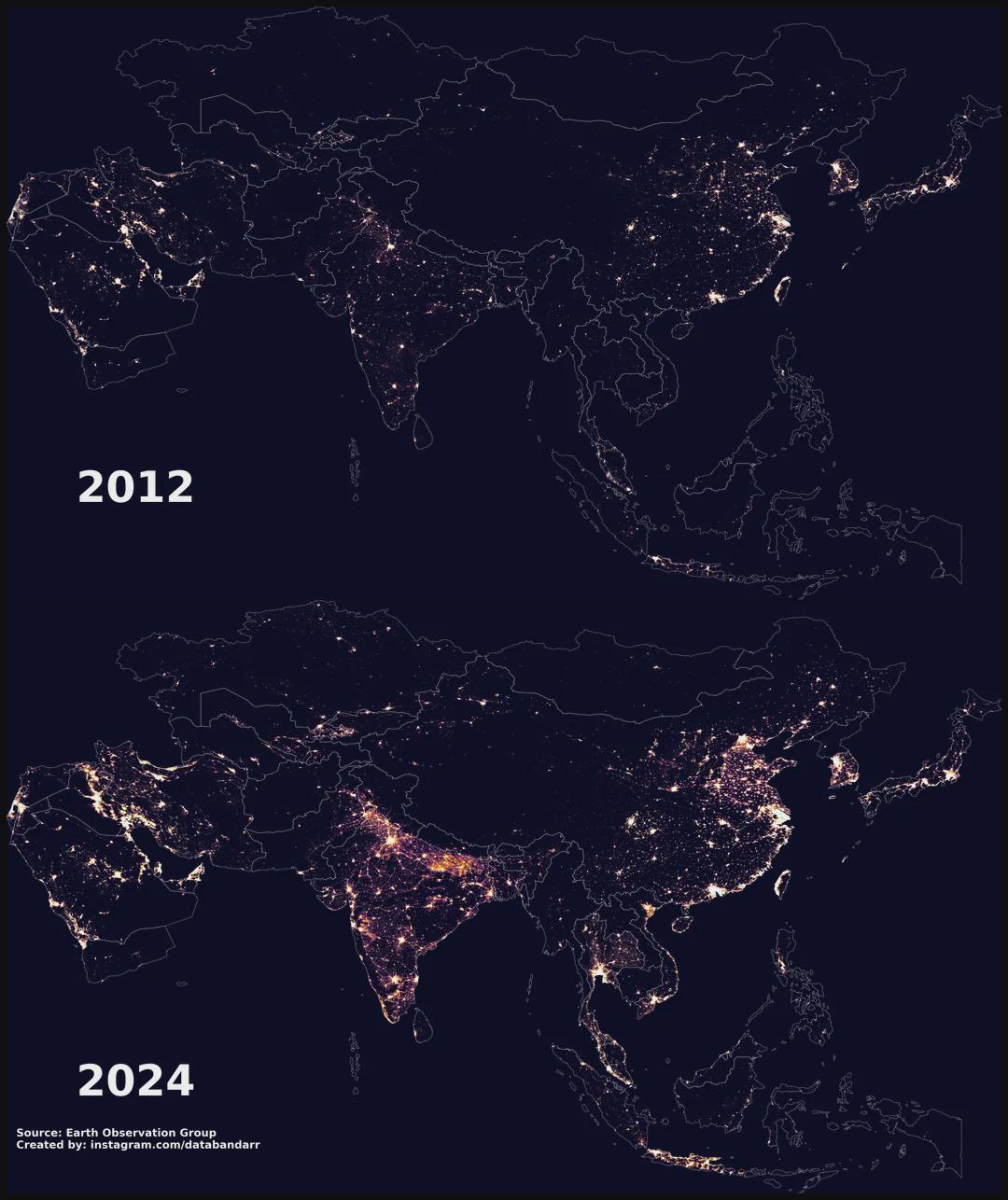 Night-time Light Map of Asia 2012 vs 2024 Night-time Light Map of Asia 2012 vs 2024