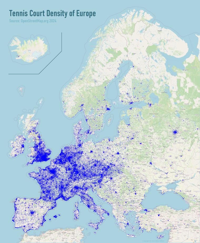 Tennis Court Density Map in Europe Tennis Court Density Map in Europe