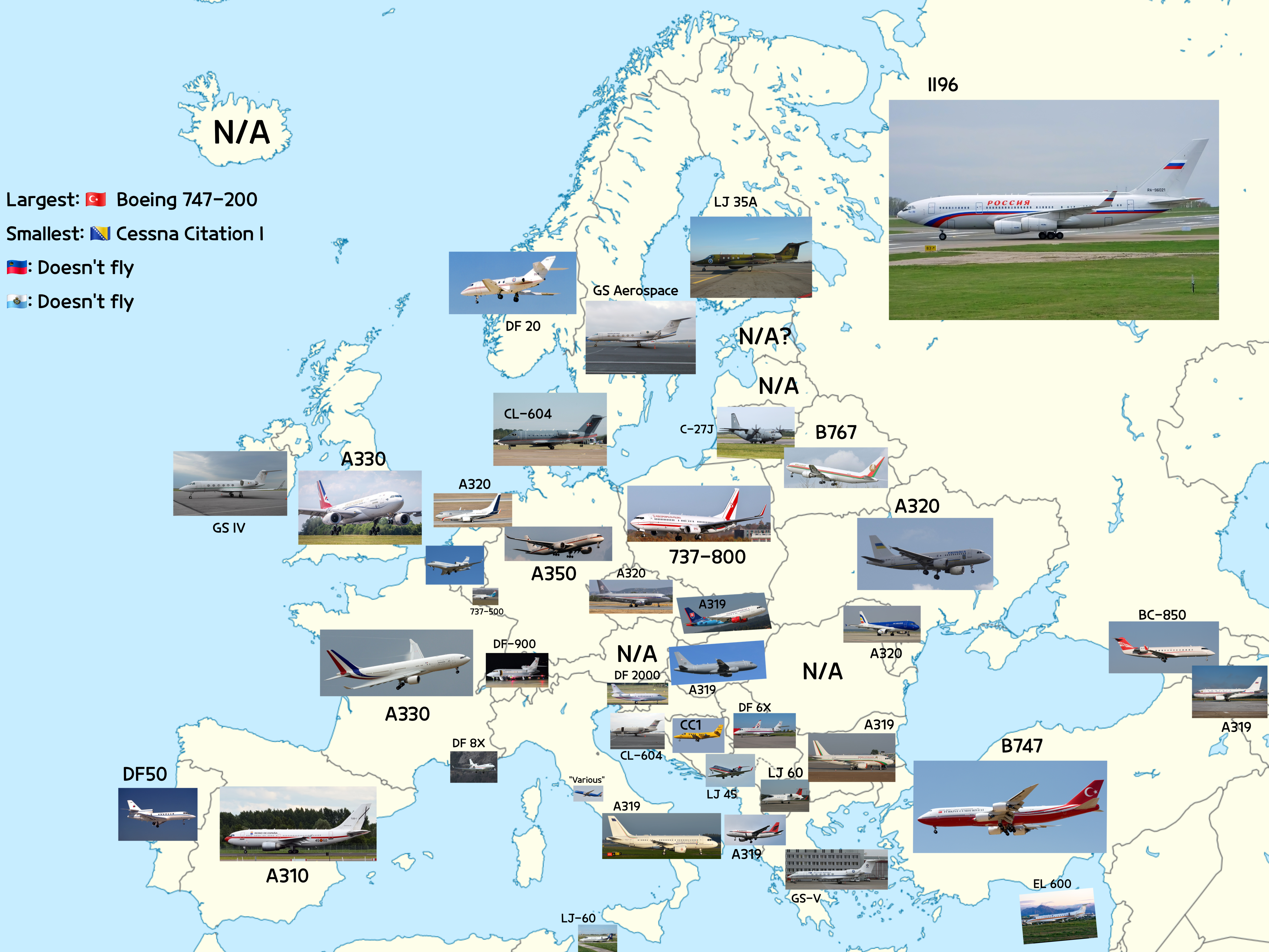 Map of Aircraft Types Heads of State Fly in Europe Map of Aircraft Types Heads of State Fly in Europe
