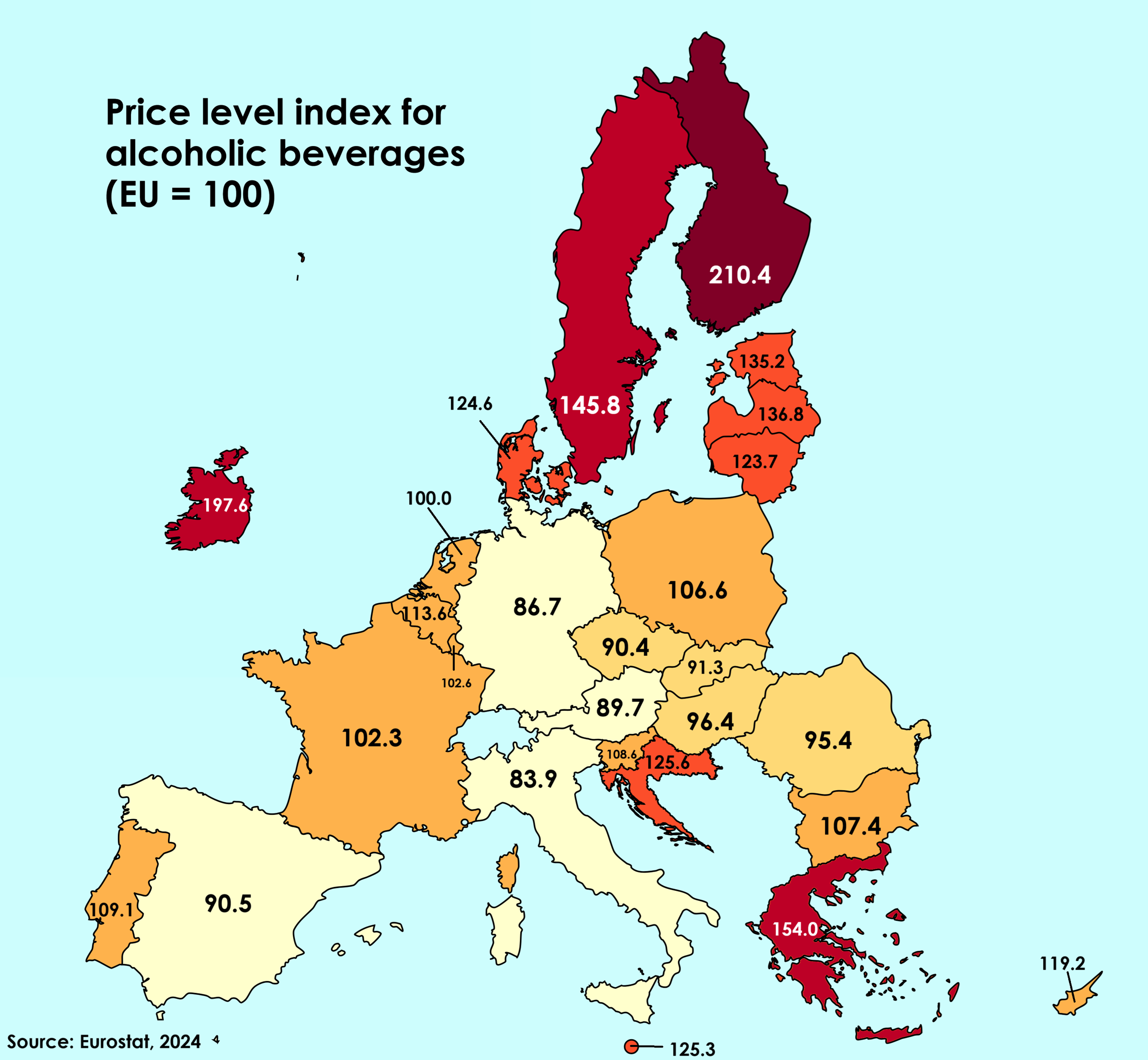 Alcohol Beverage Prices Compared to EU Average Map Alcohol Beverage Prices Compared to EU Average Map
