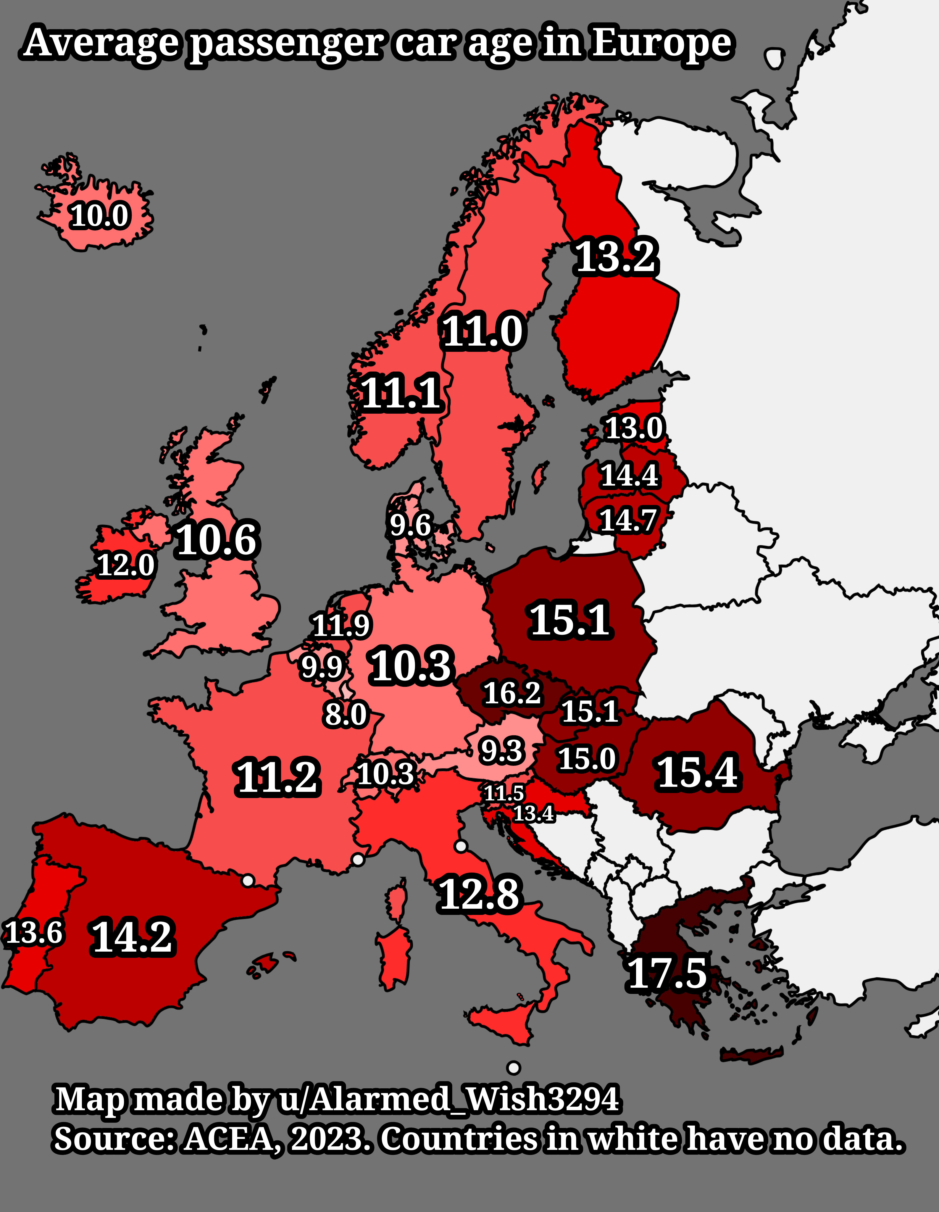 Average Passenger Car Age in Europe Map Average Passenger Car Age in Europe Map