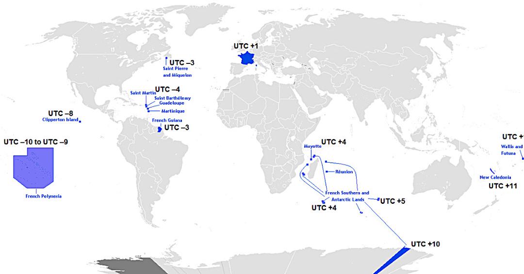 Map of Franceβs Twelve Time Zones Map of Franceβs Twelve Time Zones