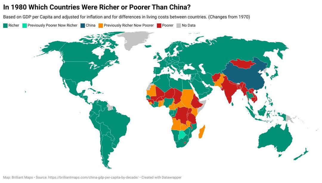 1980 GDP Comparison Map: Countries Richer or Poorer Than China