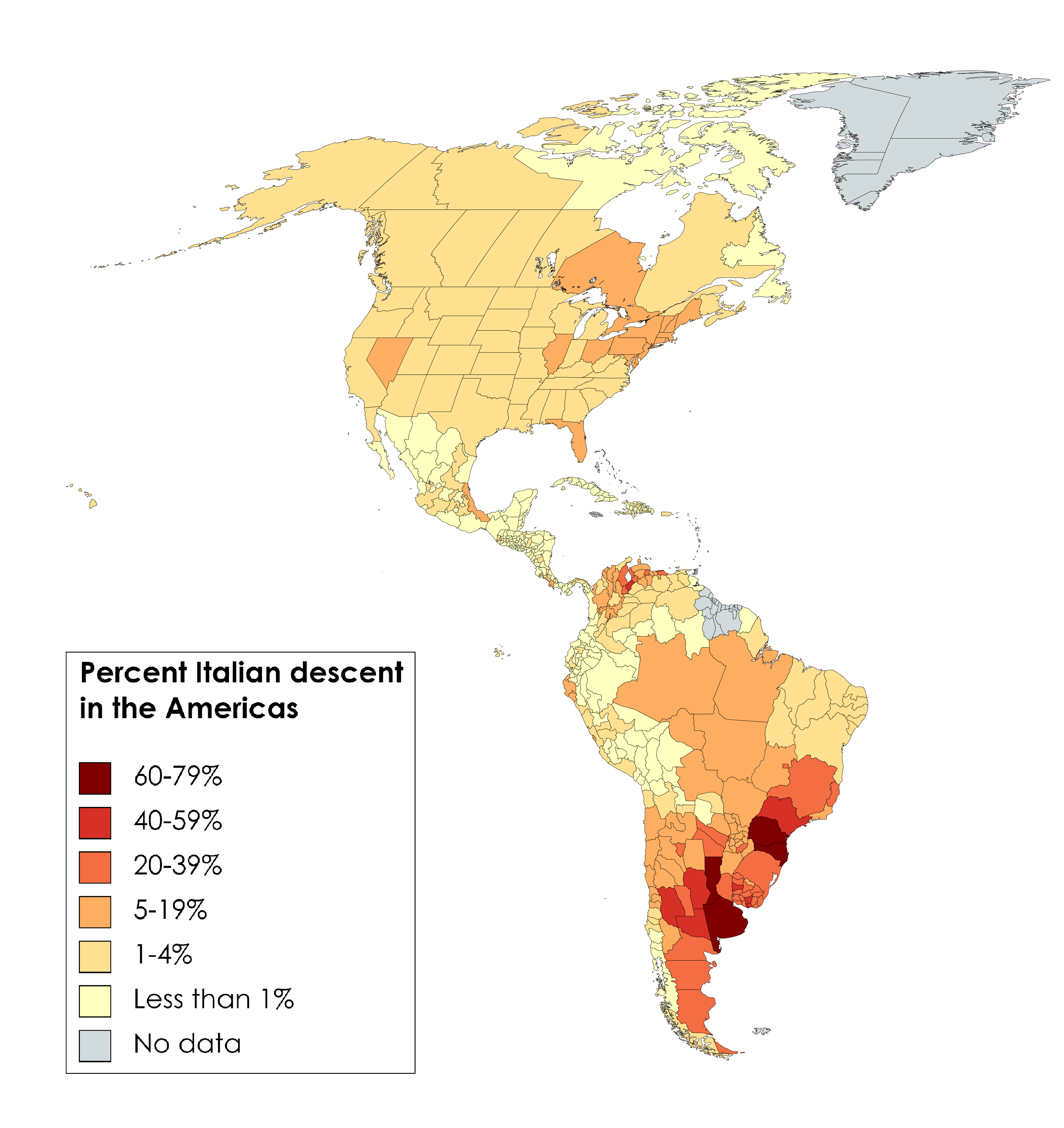 Percent Italian Descent in the Americas Map Percent Italian Descent in the Americas Map